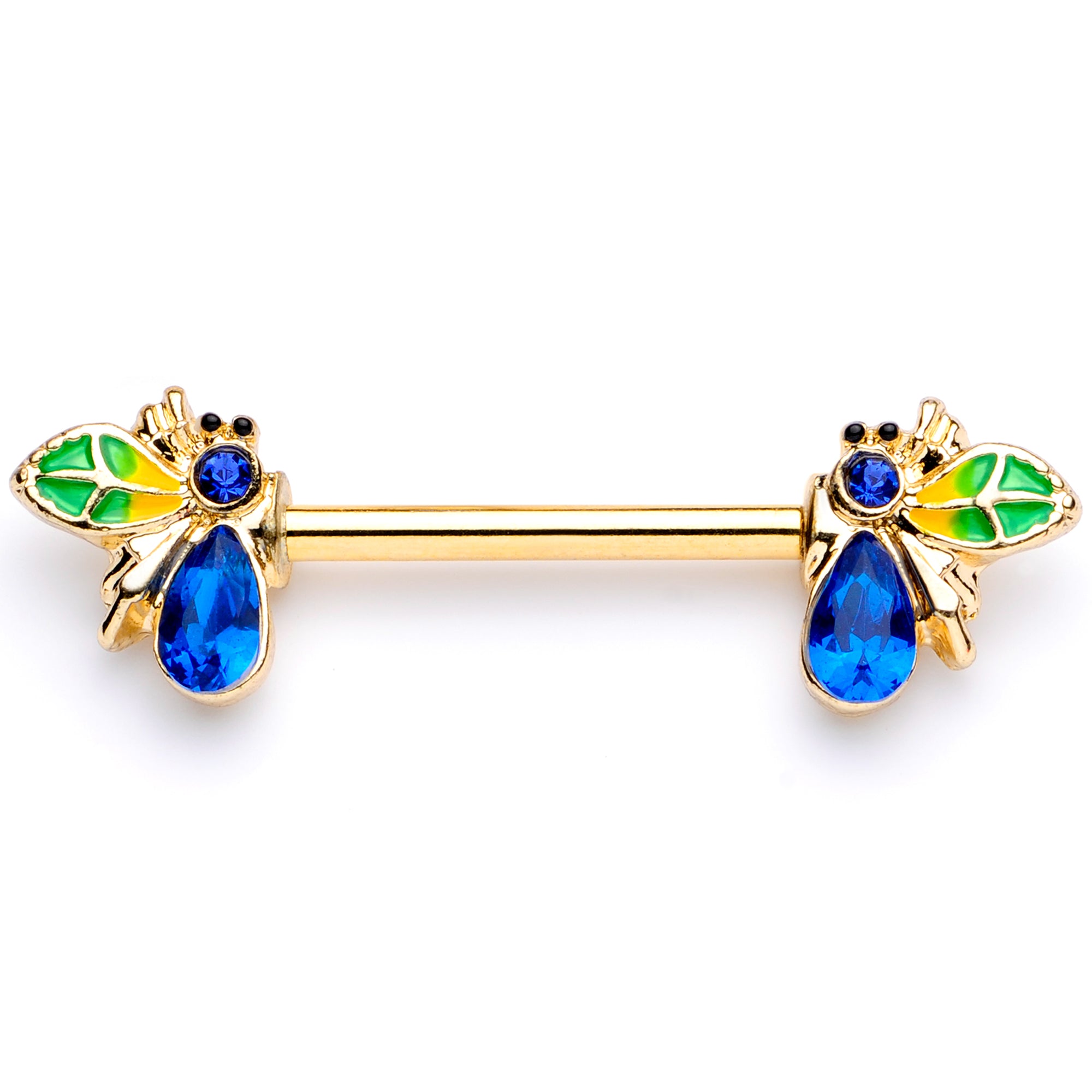 14 Gauge 9/16 Blue Gem Gold Tone Colorful Bee Barbell Nipple Ring Set