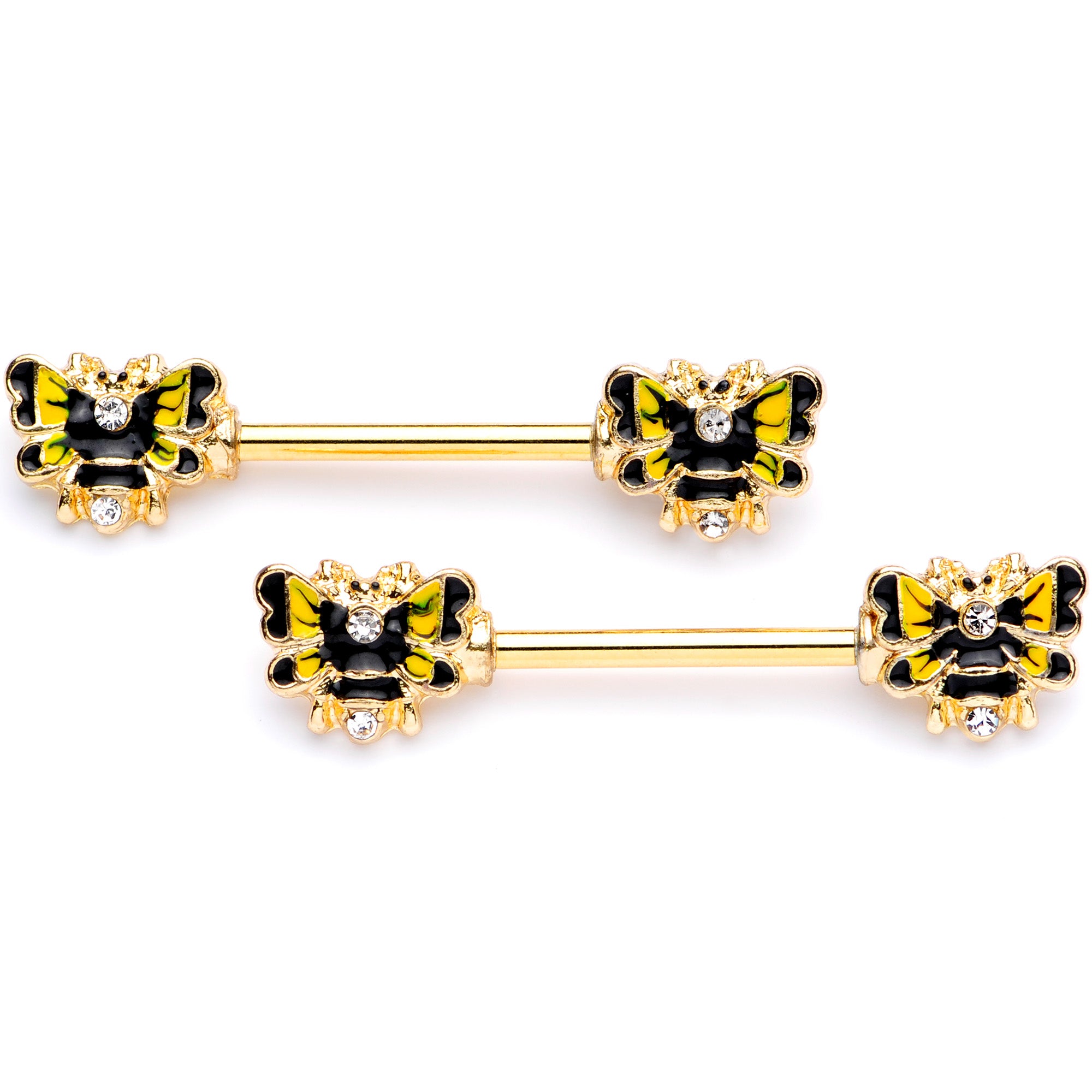 14 Gauge 9/16 Clear Gem Gold Tone Butterfly Barbell Nipple Ring Set