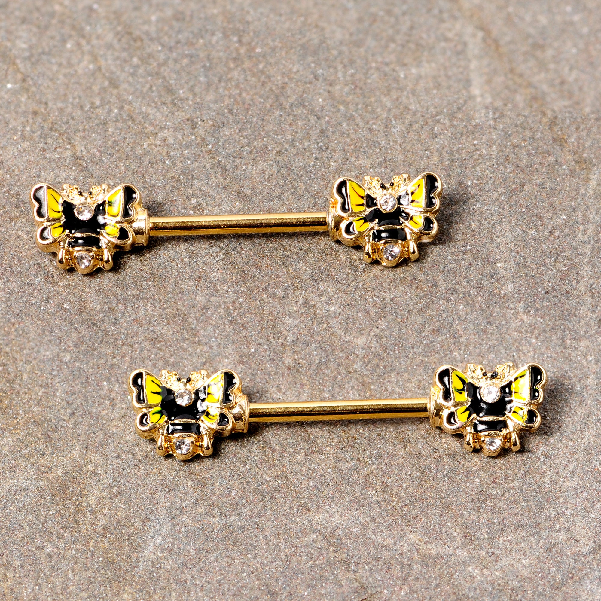 14 Gauge 9/16 Clear Gem Gold Tone Butterfly Barbell Nipple Ring Set