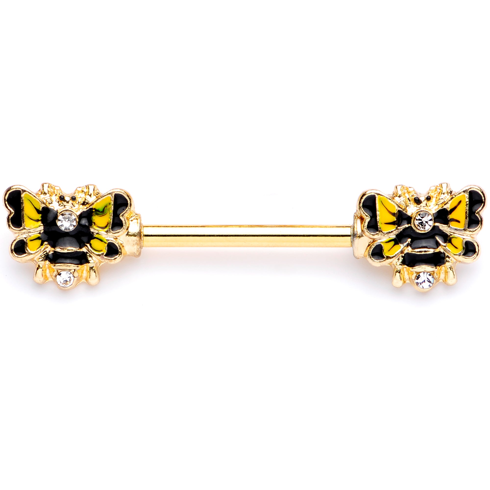 14 Gauge 9/16 Clear Gem Gold Tone Butterfly Barbell Nipple Ring Set