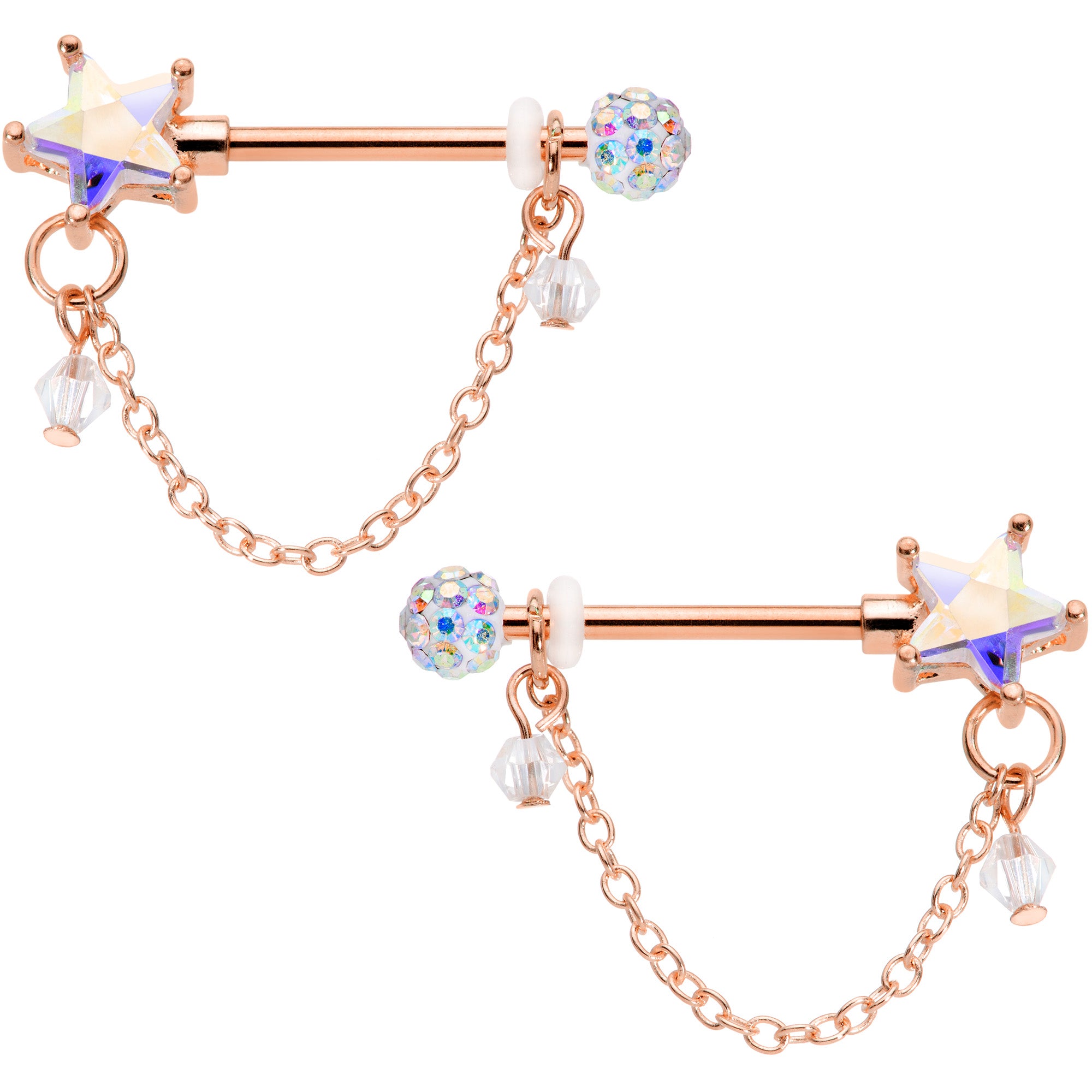 14 Gauge 5/8 Aurora Gem Rose Gold Tone Star Dangle Nipple Ring Set