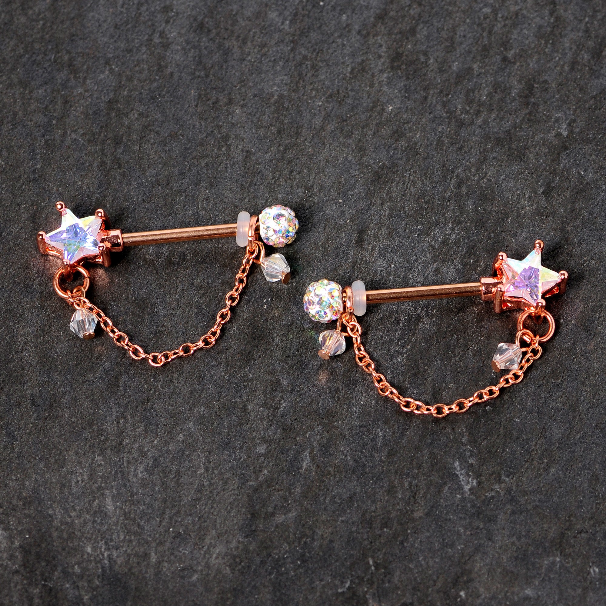 14 Gauge 5/8 Aurora Gem Rose Gold Tone Star Dangle Nipple Ring Set