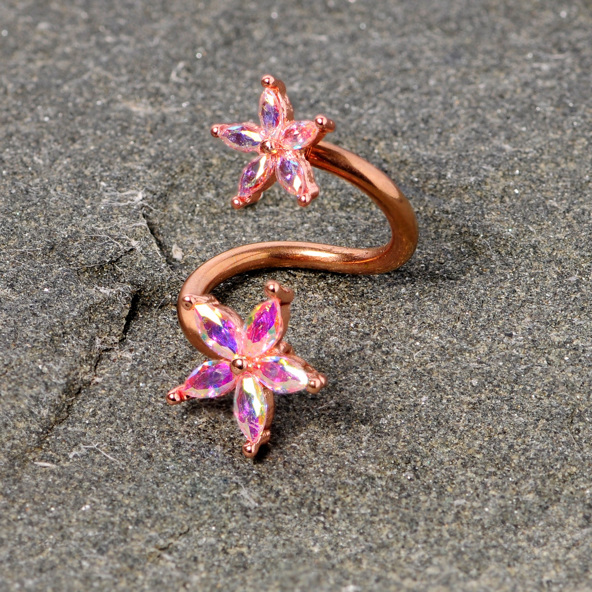 14 Gauge Aurora Gem Rose Gold Tone Star Flower Spiral Twister Ring