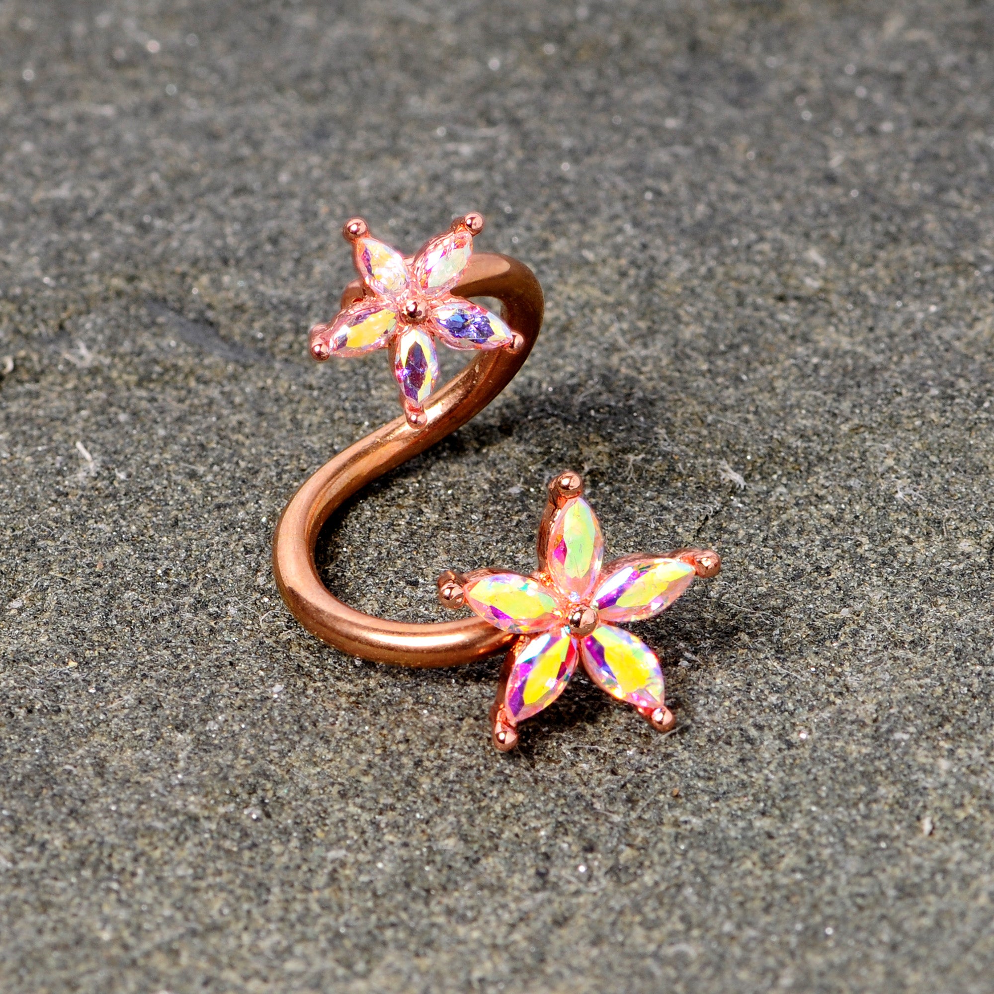 14 Gauge Aurora Gem Rose Gold Tone Star Flower Spiral Twister Ring