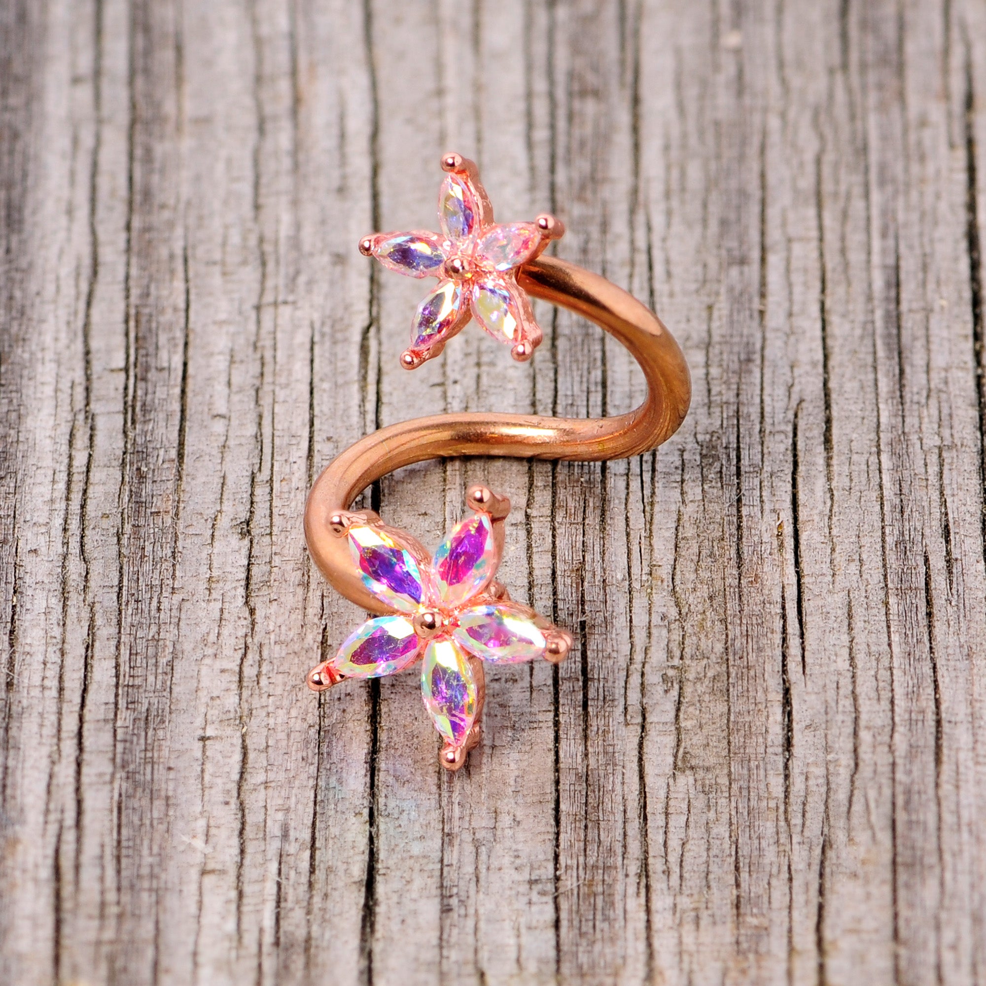 14 Gauge Aurora Gem Rose Gold Tone Star Flower Spiral Twister Ring