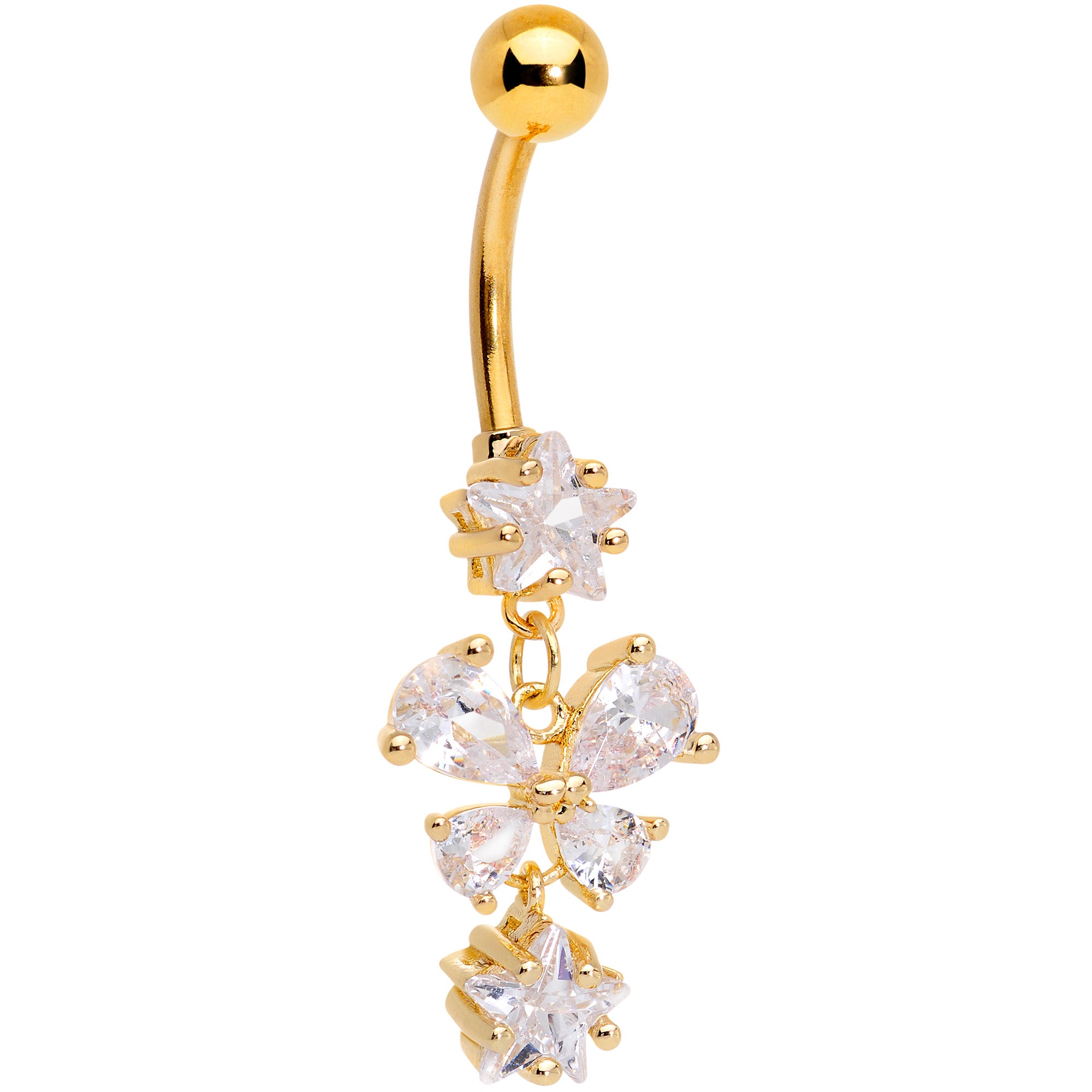 Clear Gem Gold Tone Star and Bow Dangle Belly Ring