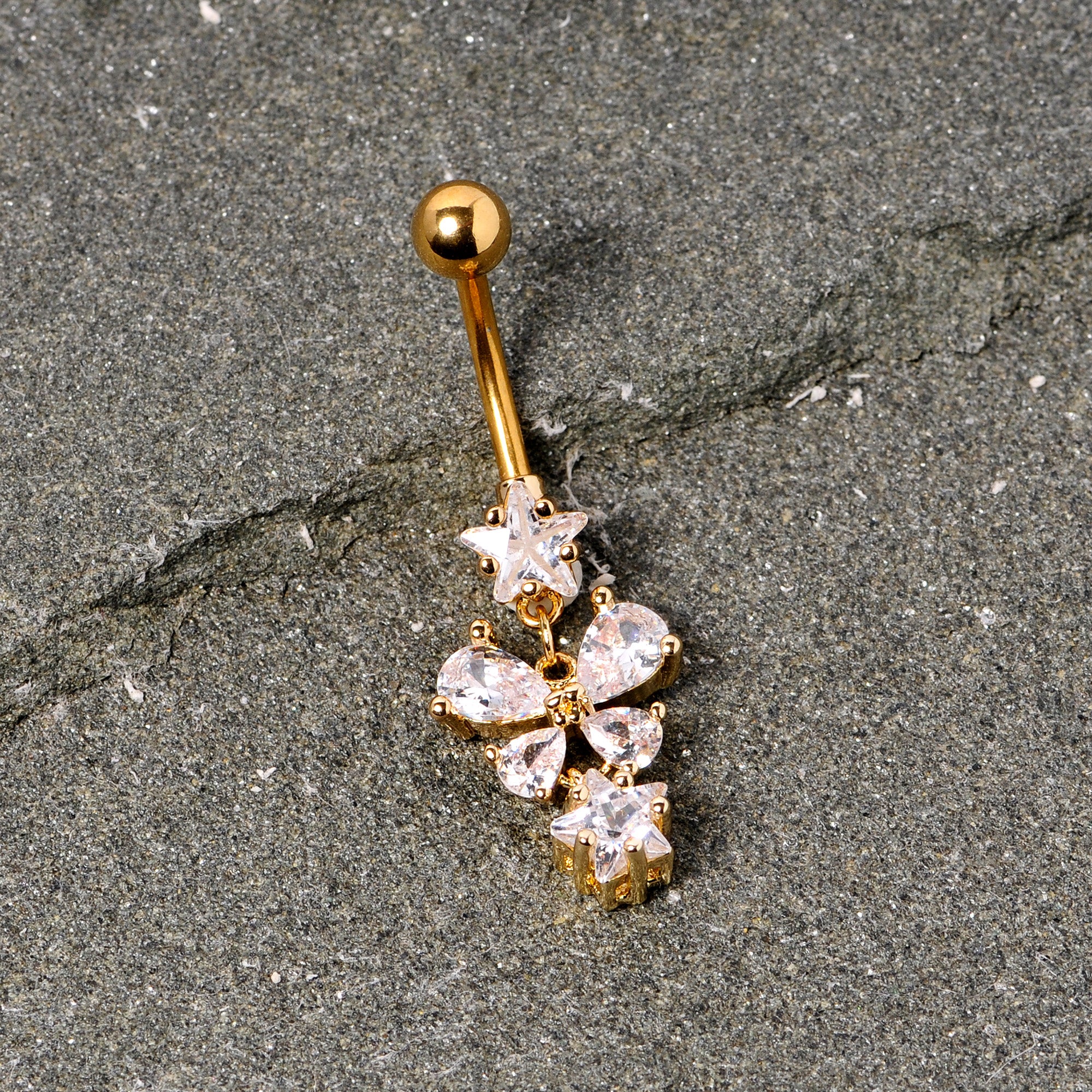 Clear Gem Gold Tone Star and Bow Dangle Belly Ring