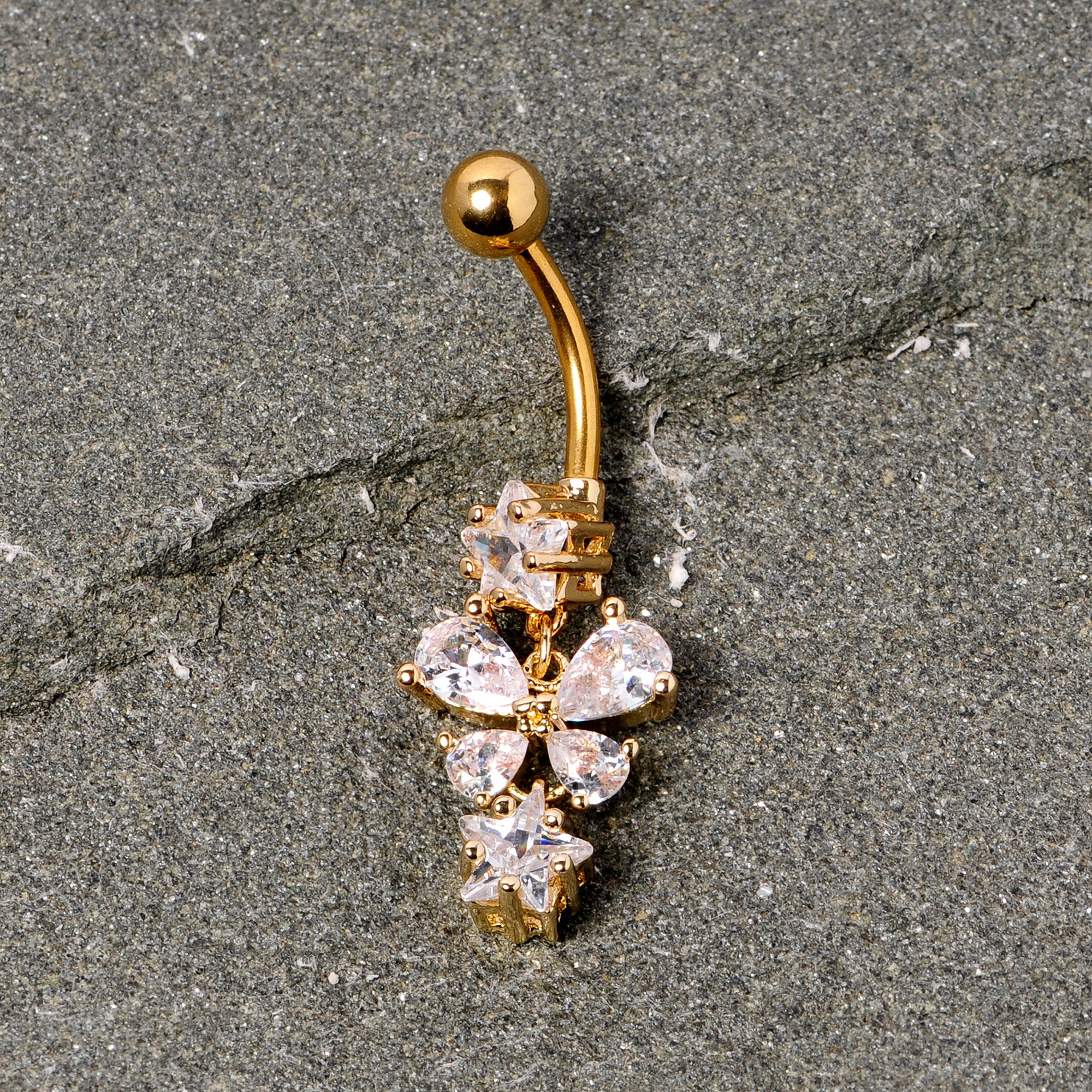 Clear Gem Gold Tone Star and Bow Dangle Belly Ring