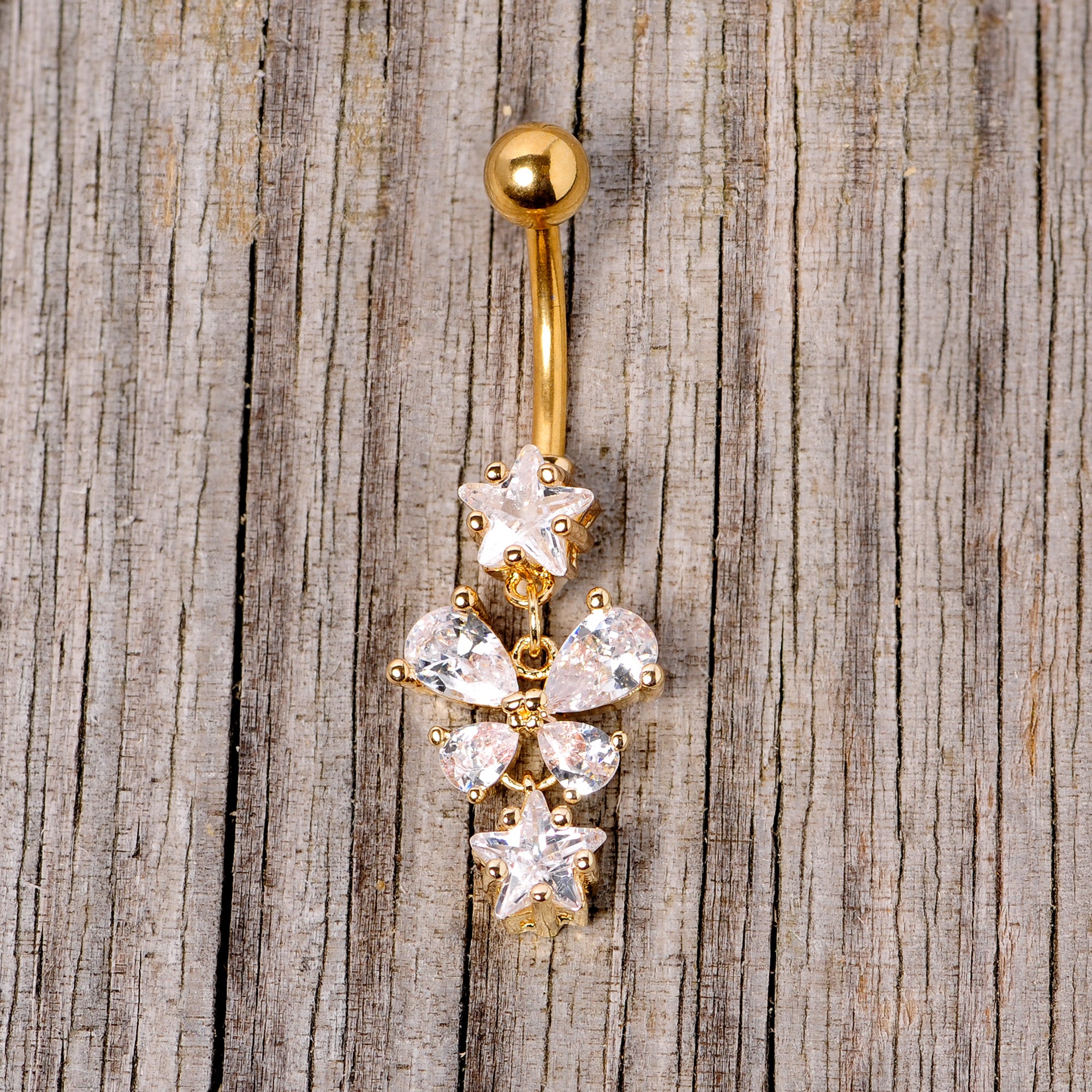 Clear Gem Gold Tone Star and Bow Dangle Belly Ring