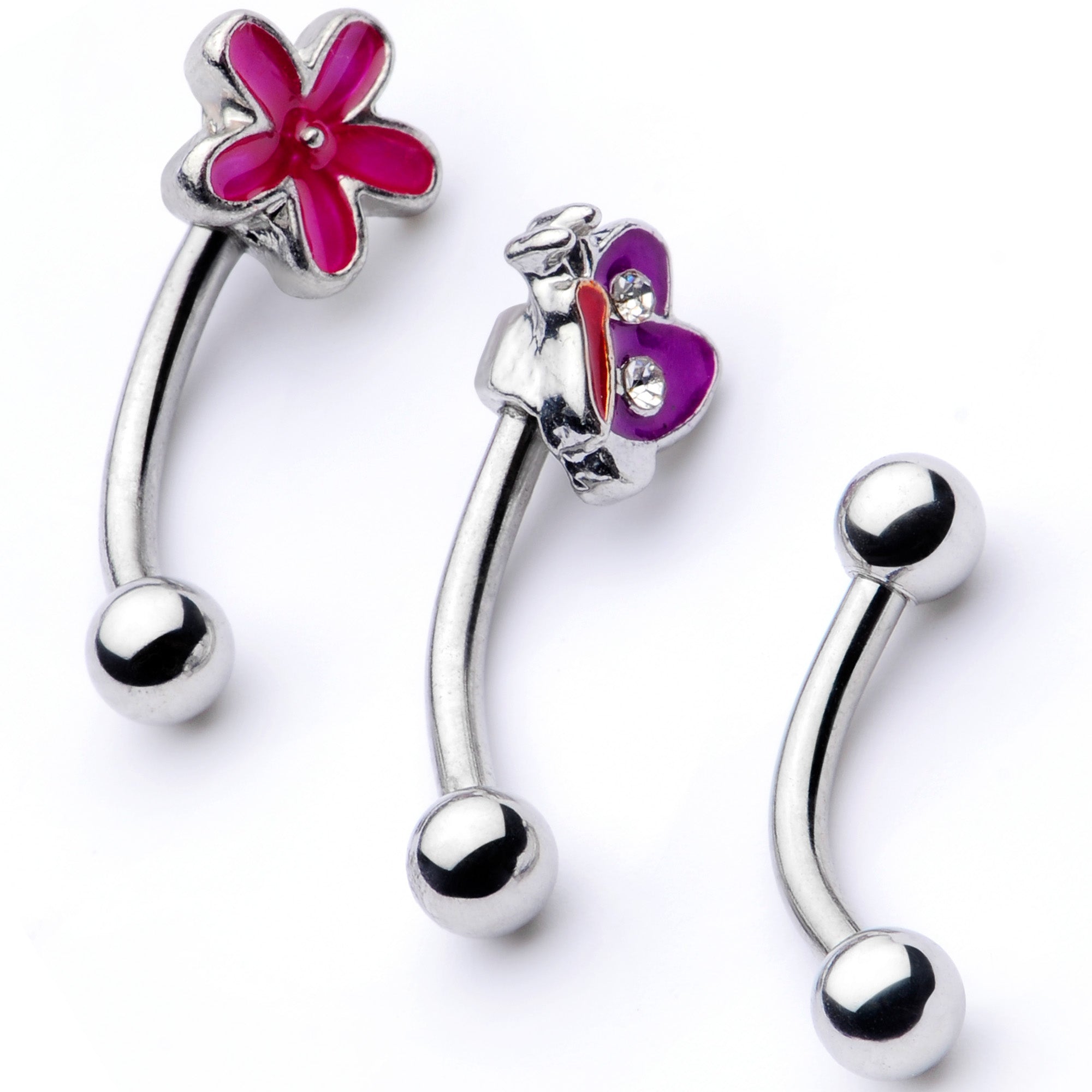 16 Gauge 5/16 Clear Gem Purple Butterfly Curved Eyebrow Ring Set of 3