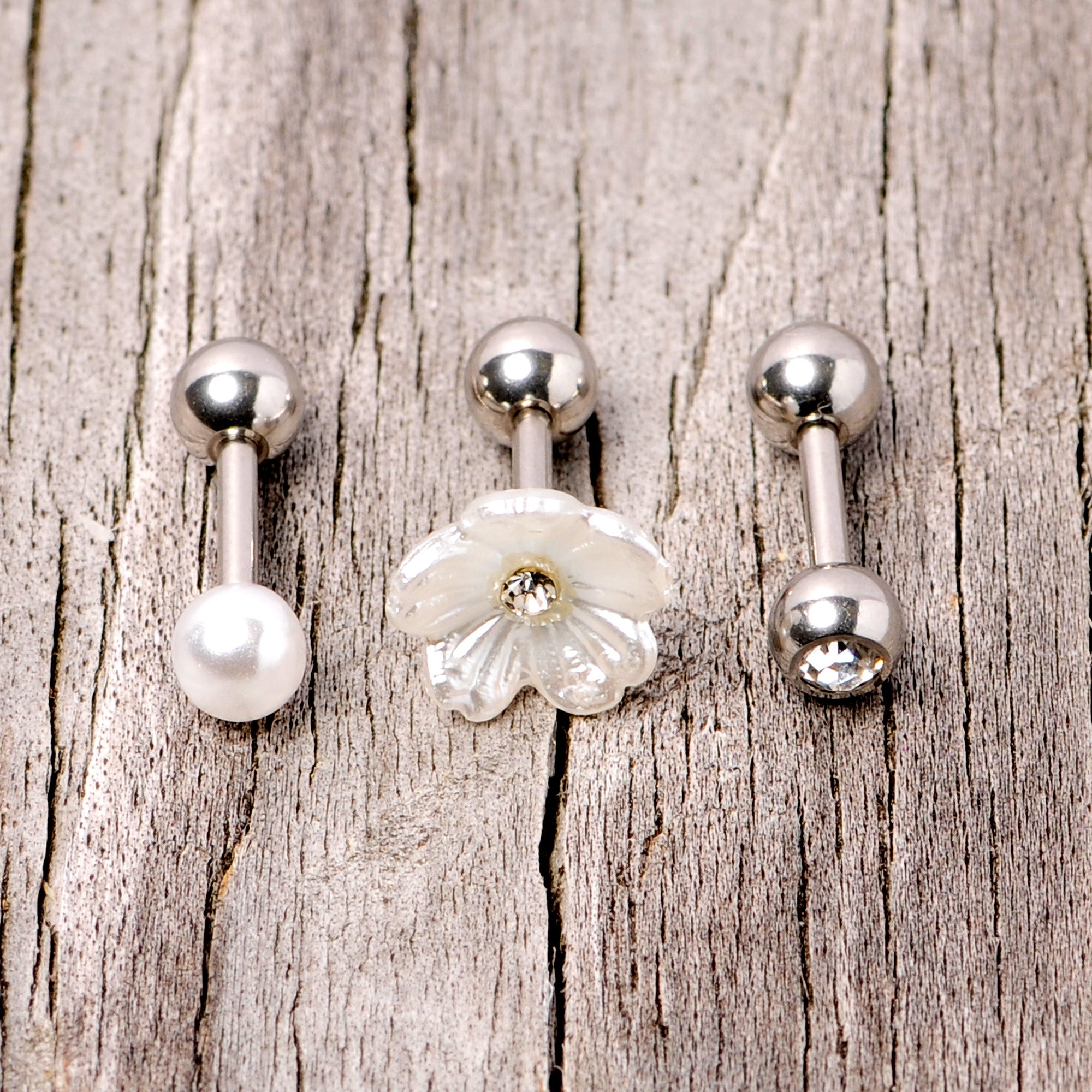 16 Gauge 1/4 Clear Gem Flower Cartilage Tragus Set of 3