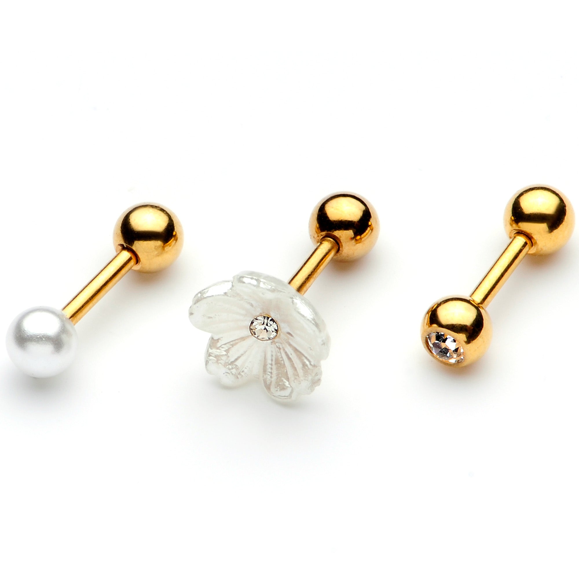 16 Gauge 1/4 Faux Pearl Gold Tone Flower Cartilage Tragus Set of 3