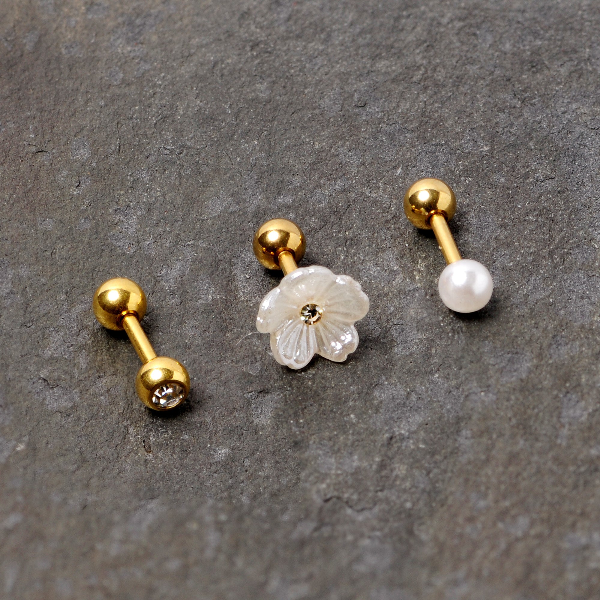 16 Gauge 1/4 Faux Pearl Gold Tone Flower Cartilage Tragus Set of 3