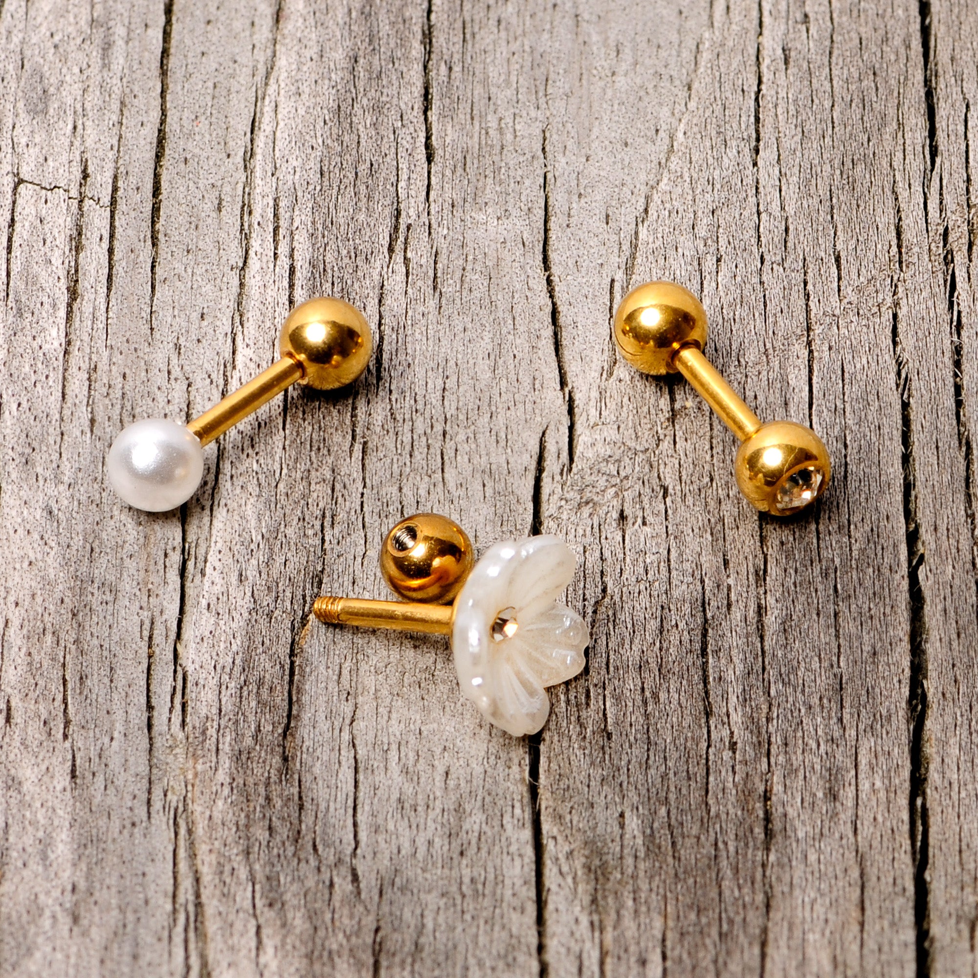 16 Gauge 1/4 Faux Pearl Gold Tone Flower Cartilage Tragus Set of 3