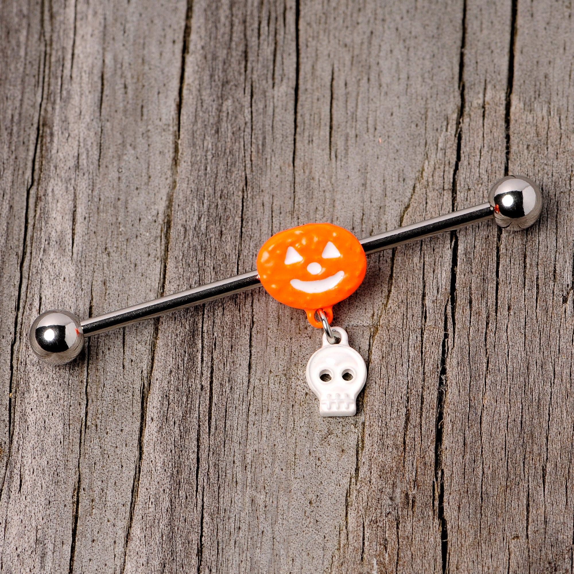 14 Gauge Pumpkin Skull Halloween Dangle Industrial Barbell 38mm