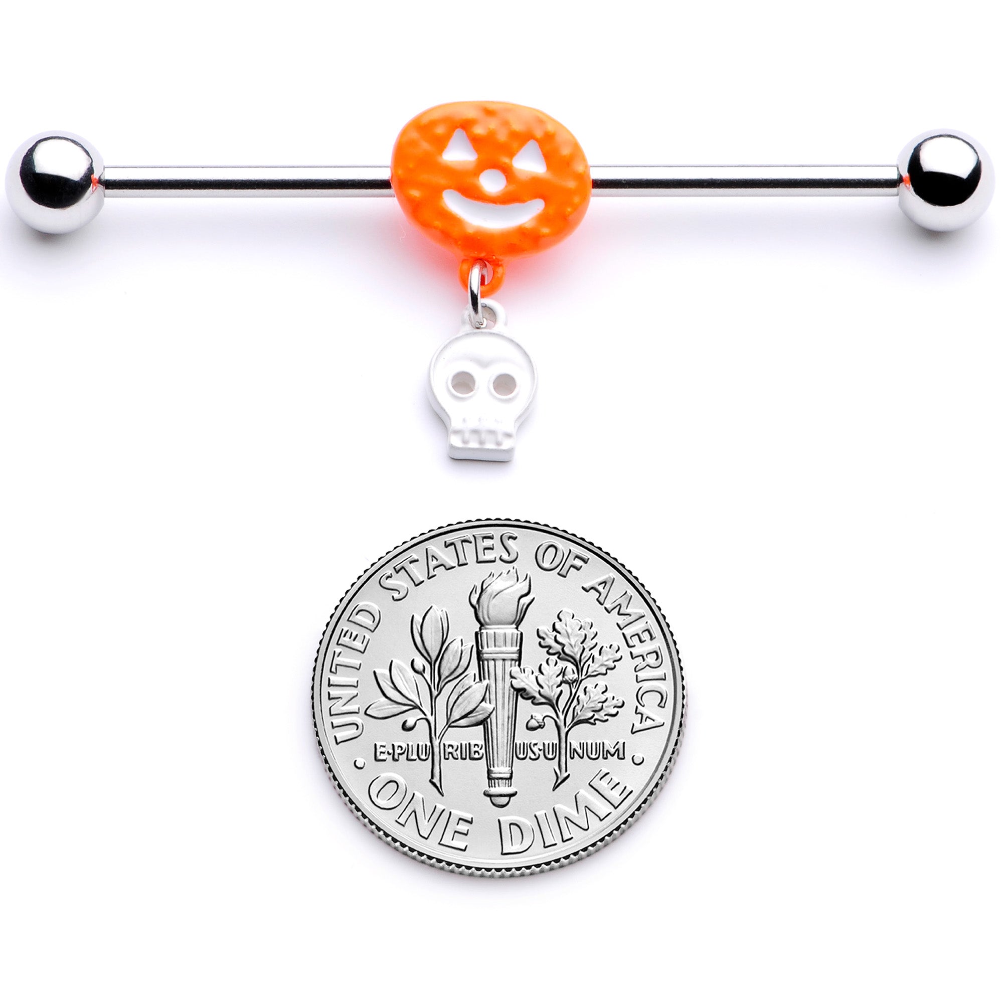 14 Gauge Pumpkin Skull Halloween Dangle Industrial Barbell 38mm