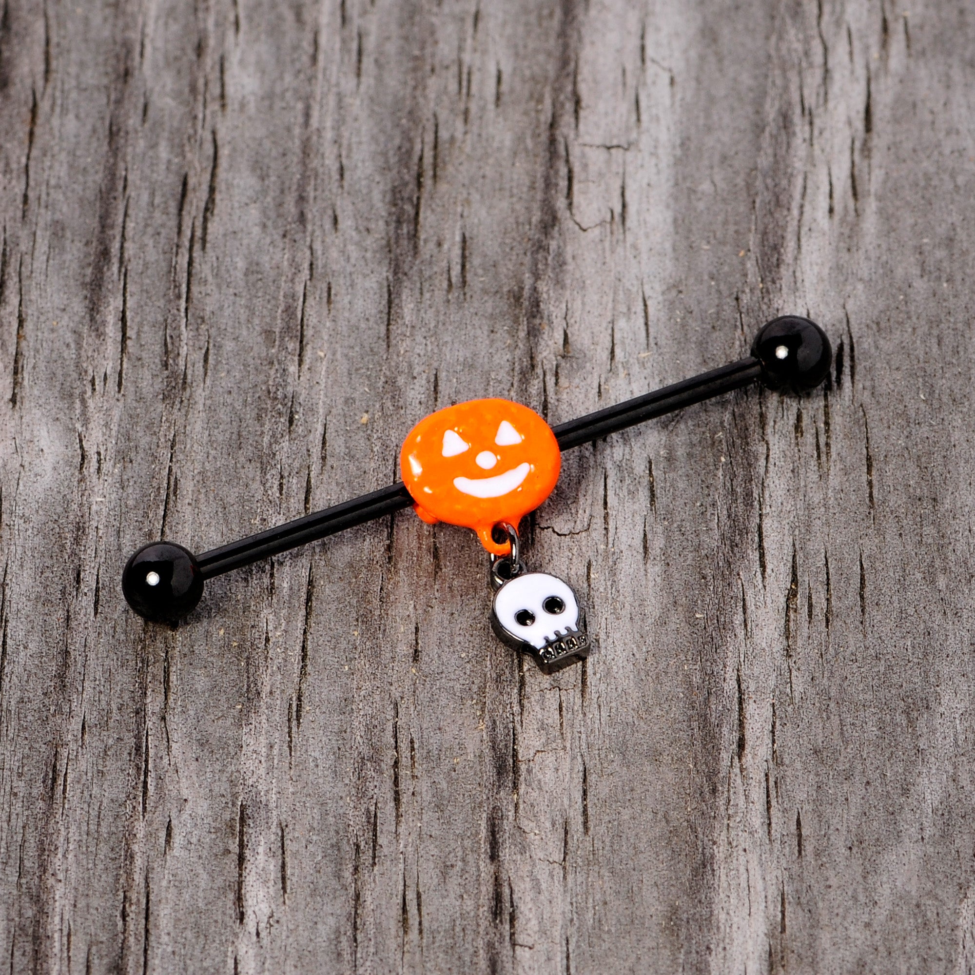 14 Gauge Orange Pumpkin Skull Halloween Dangle Industrial Barbell 38mm