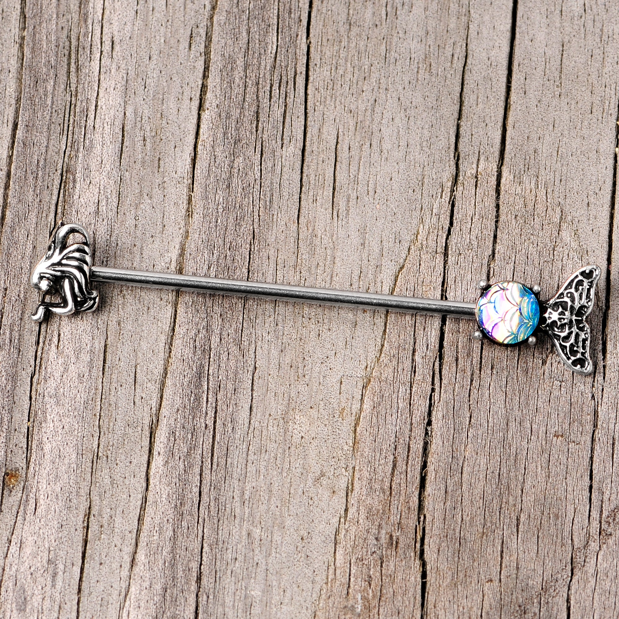 14 Gauge Blue Mermaid Scale Tail Industrial Barbell 38mm