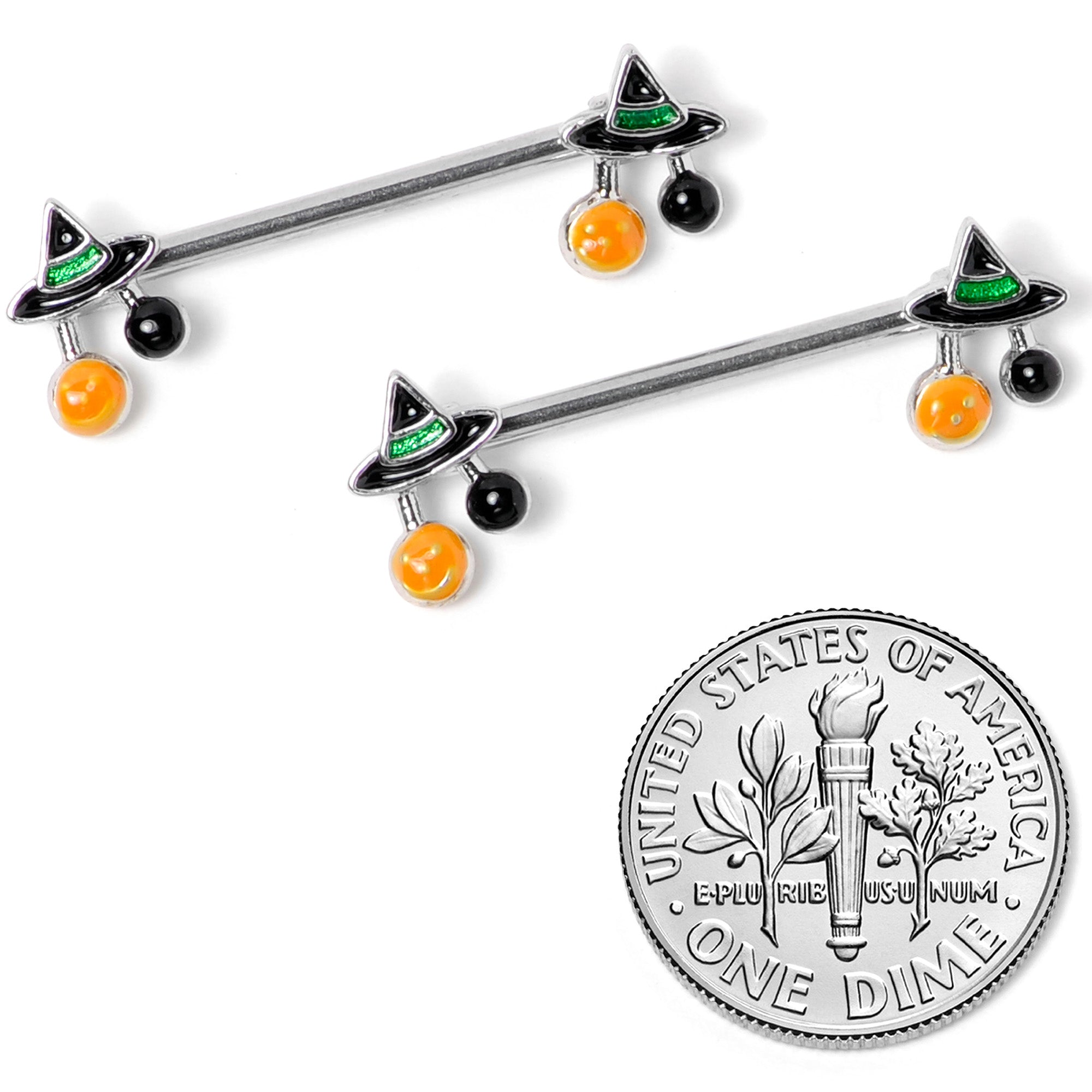 14 Gauge 5/8 Trick or Treat Witch Hat Halloween Nipple Ring Set