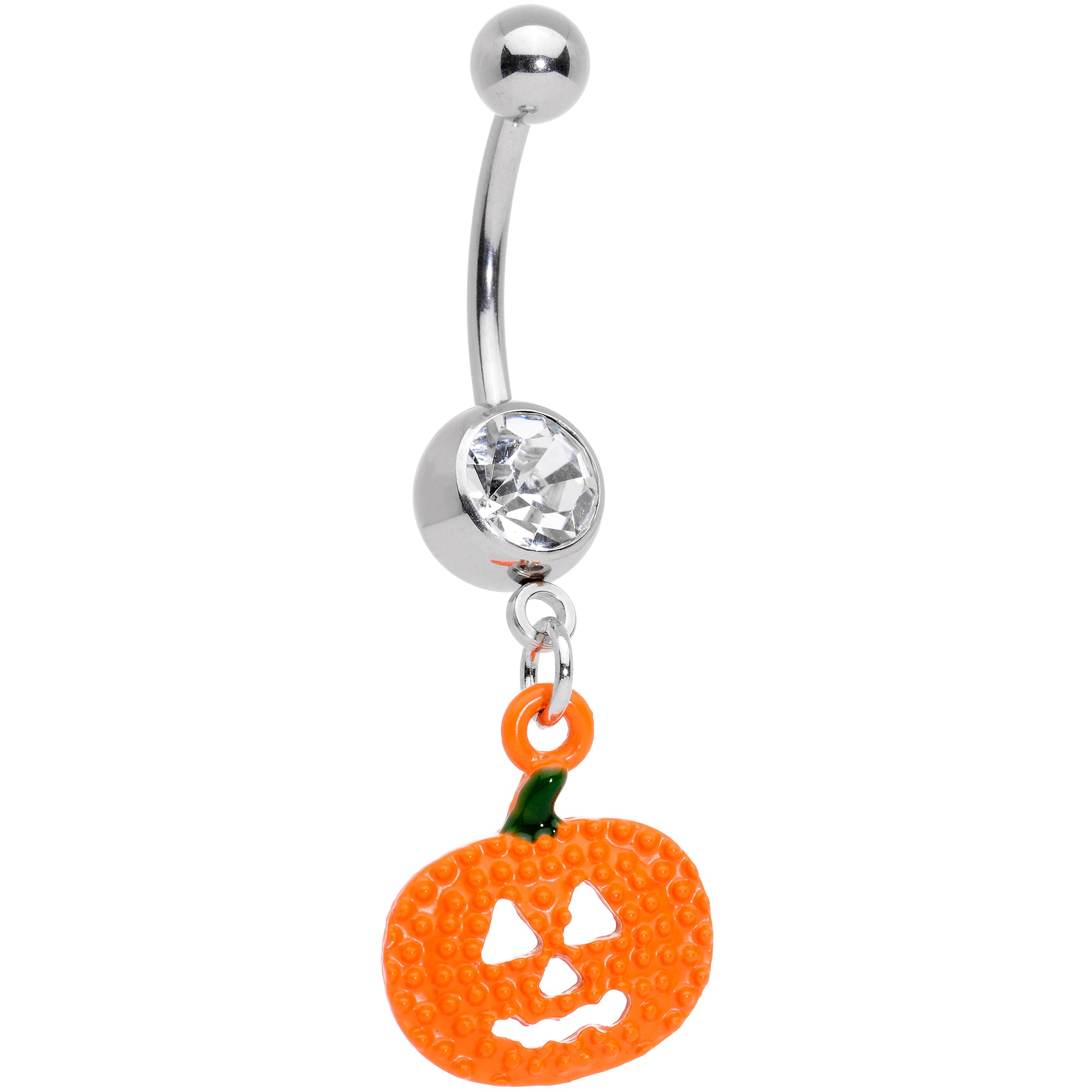 Clear Gem Orange Pumpkin Jack O Lantern Halloween Dangle Belly Ring