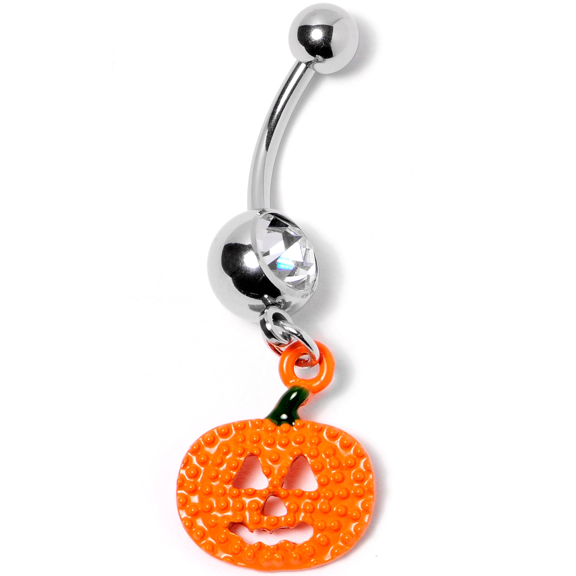 Clear Gem Orange Pumpkin Jack O Lantern Halloween Dangle Belly Ring