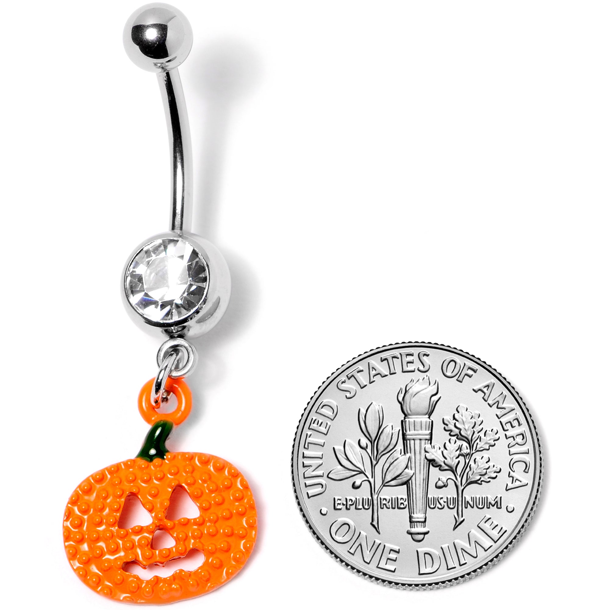 Clear Gem Orange Pumpkin Jack O Lantern Halloween Dangle Belly Ring