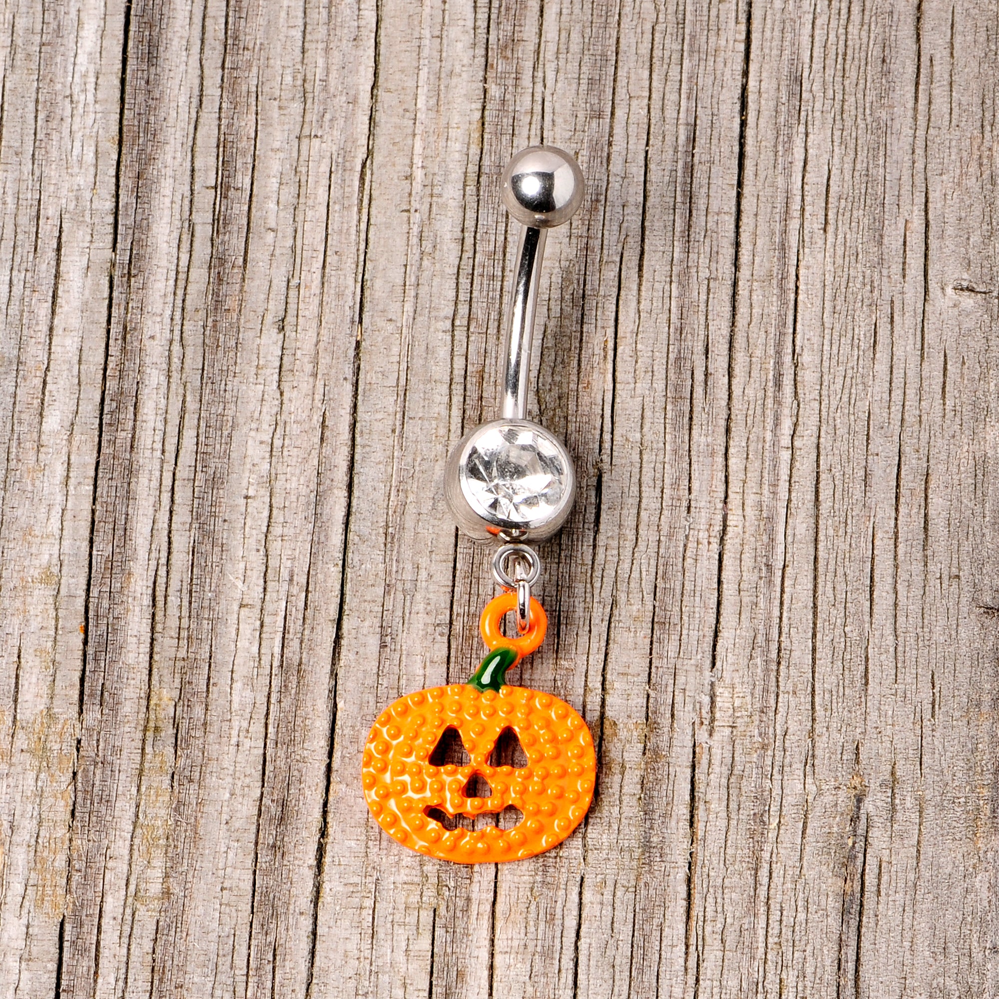 Clear Gem Orange Pumpkin Jack O Lantern Halloween Dangle Belly Ring