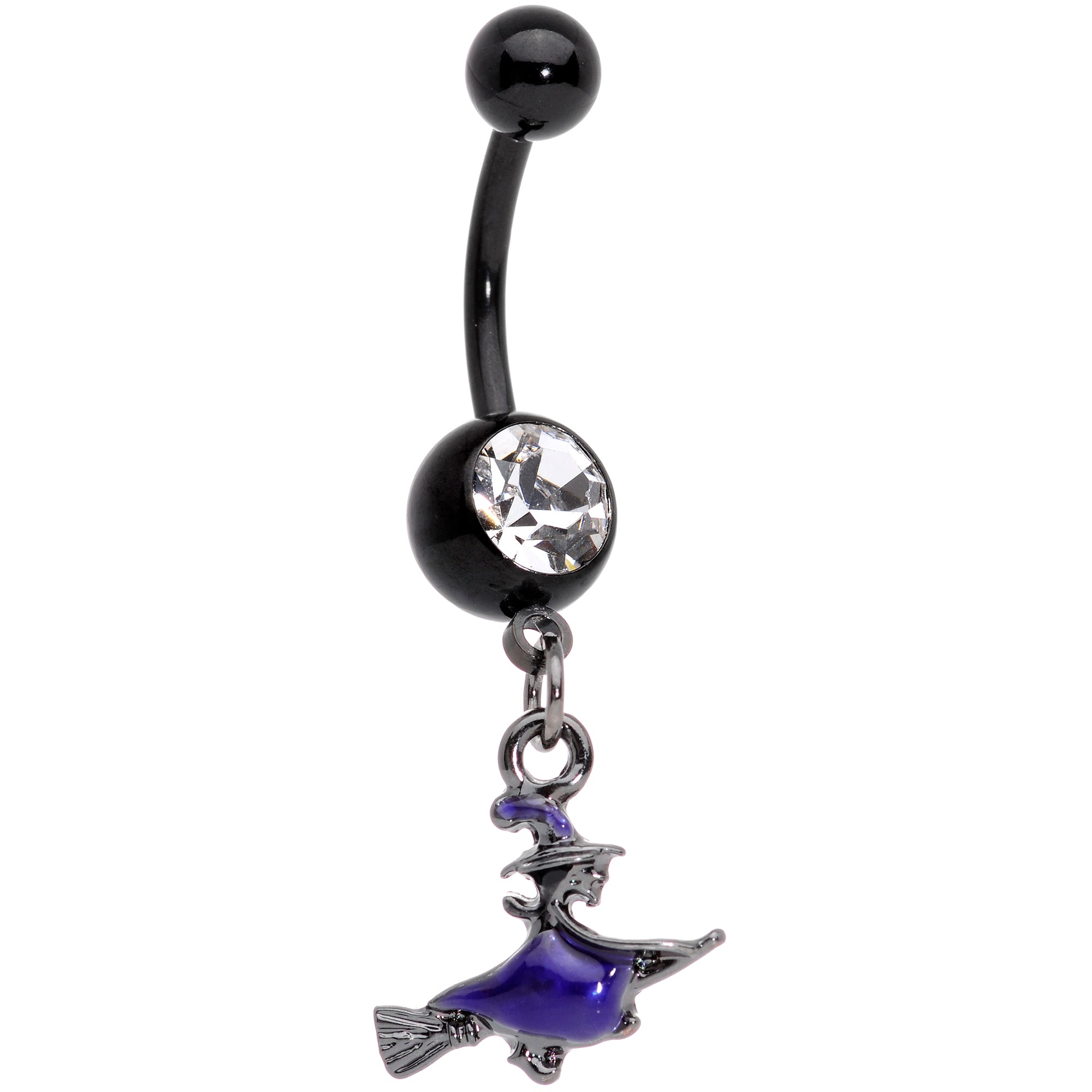 Clear Gem Black Purple Broom Witch Halloween Dangle Belly Ring