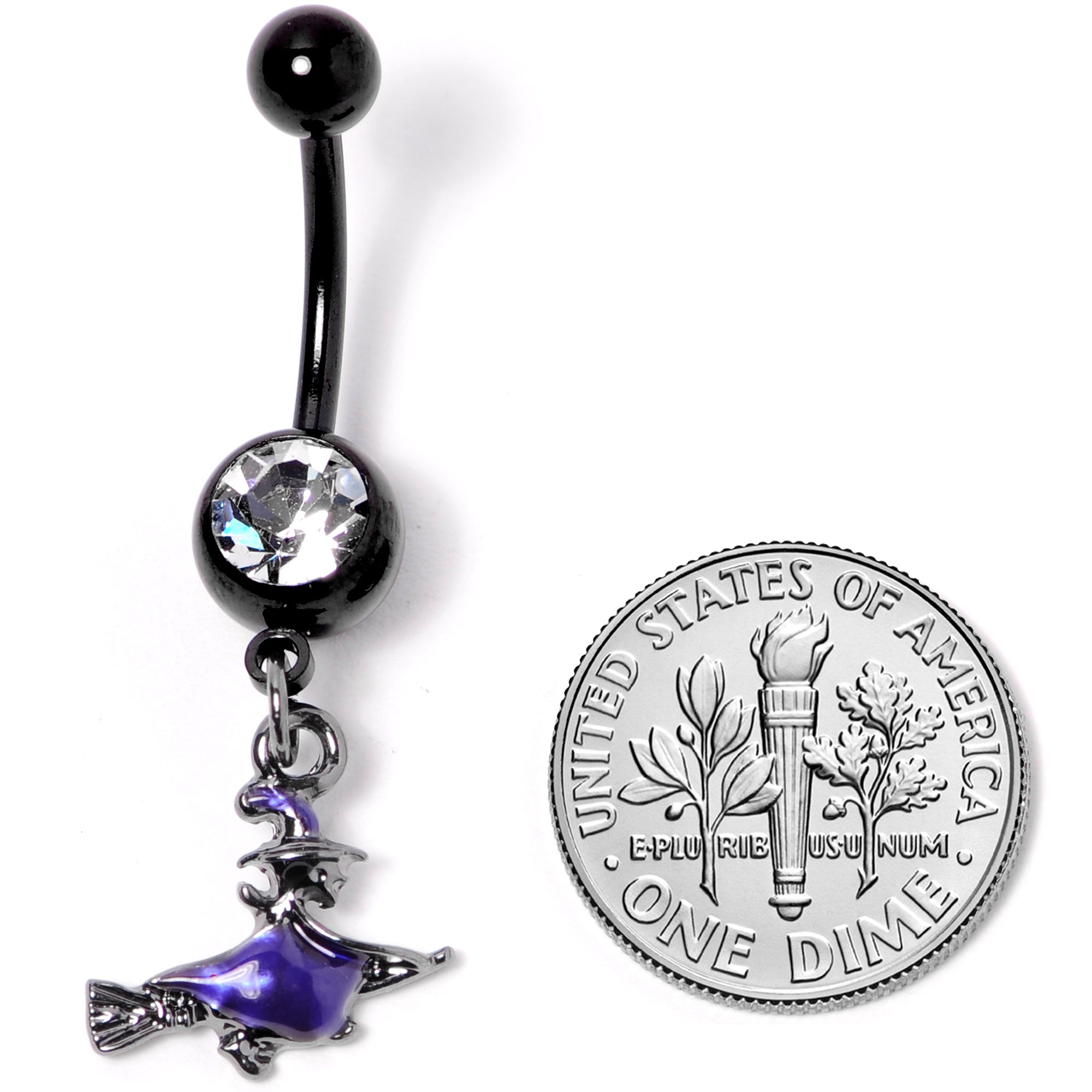 Clear Gem Black Purple Broom Witch Halloween Dangle Belly Ring