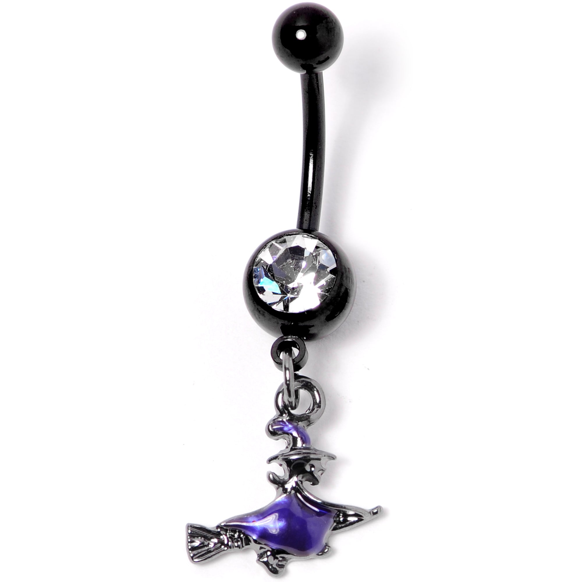 Clear Gem Black Purple Broom Witch Halloween Dangle Belly Ring