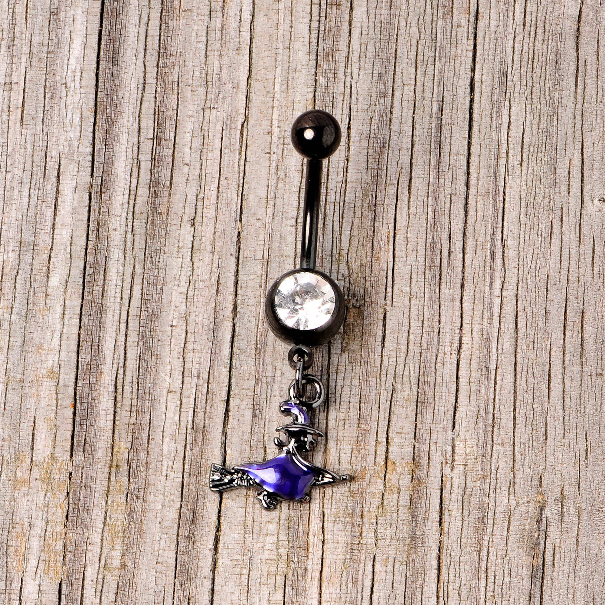 Clear Gem Black Purple Broom Witch Halloween Dangle Belly Ring