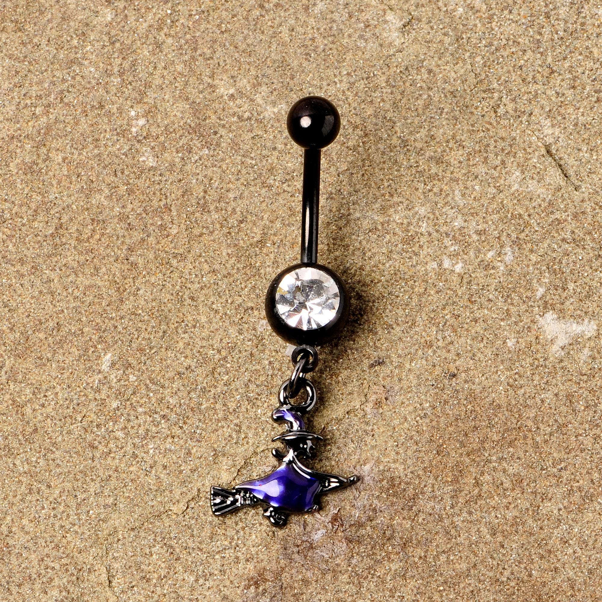 Clear Gem Black Purple Broom Witch Halloween Dangle Belly Ring