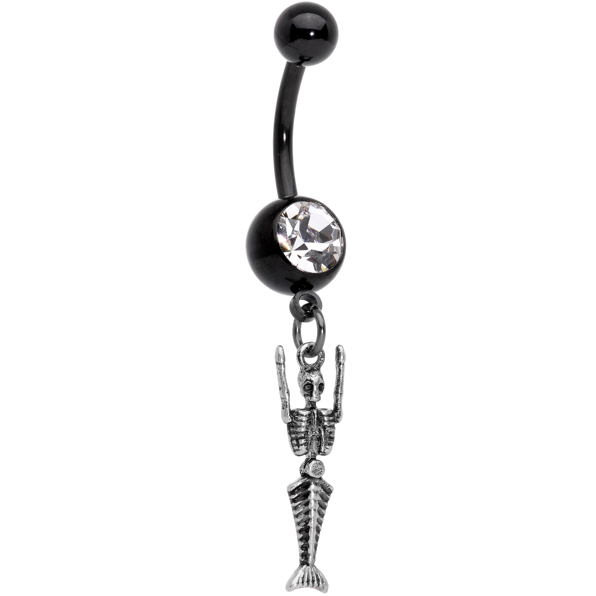 Clear Gem Black PVD Mermaid Skeleton Halloween Dangle Belly Ring