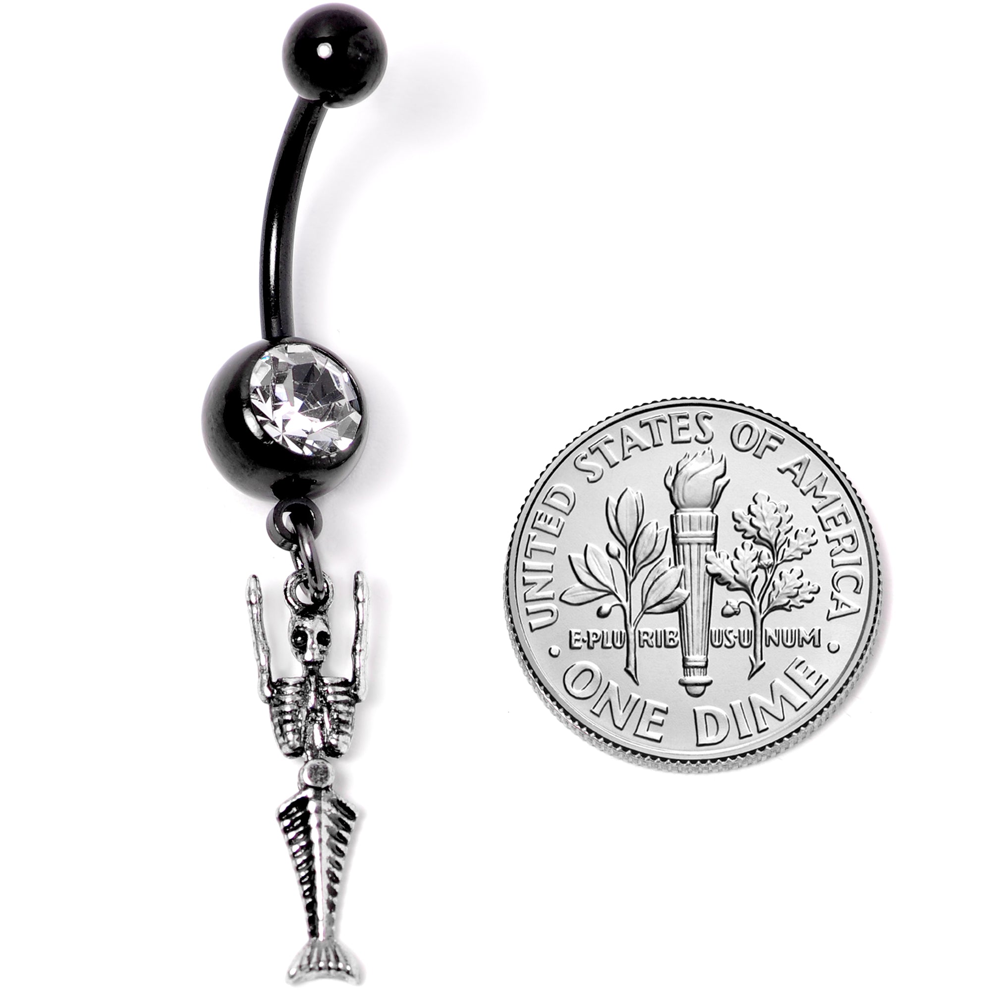 Clear Gem Black PVD Mermaid Skeleton Halloween Dangle Belly Ring