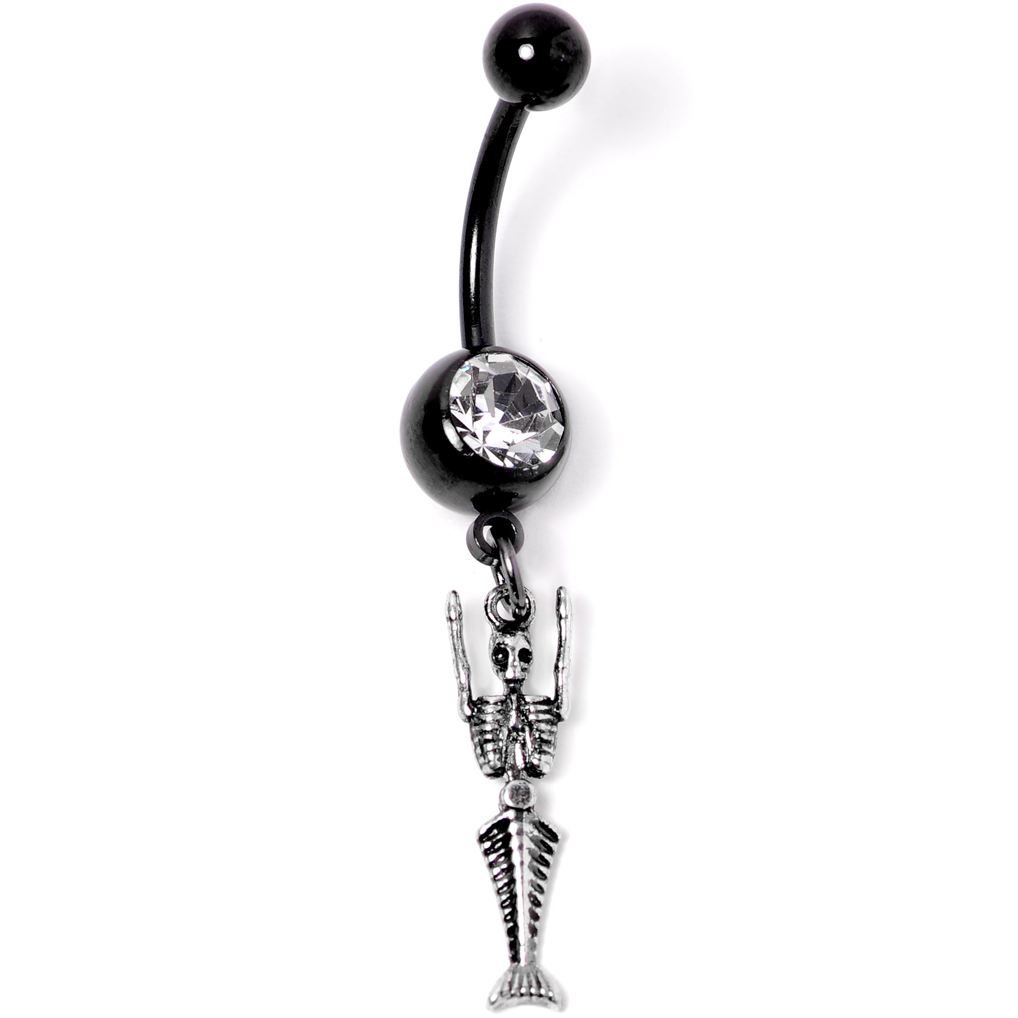 Clear Gem Black PVD Mermaid Skeleton Halloween Dangle Belly Ring