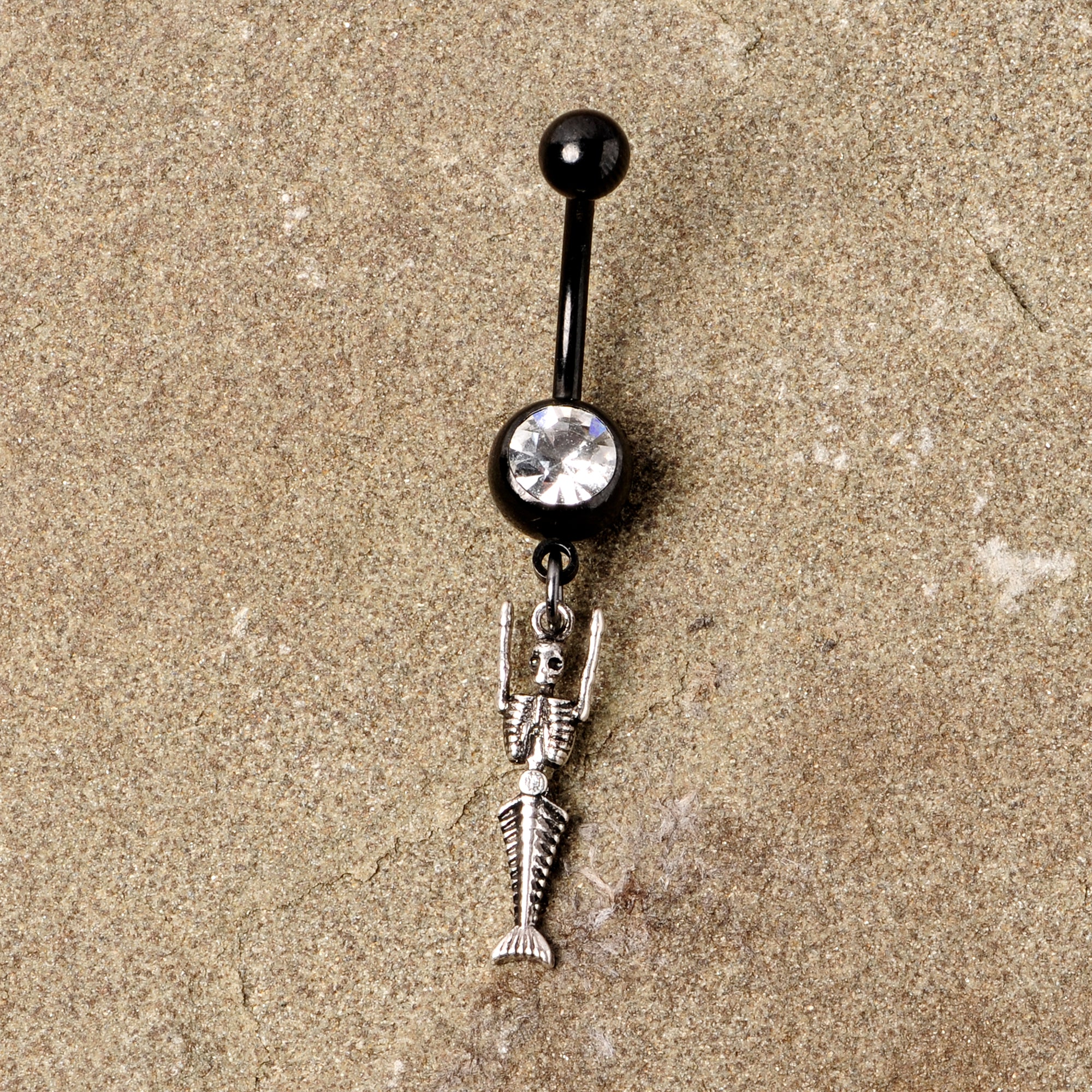 Clear Gem Black PVD Mermaid Skeleton Halloween Dangle Belly Ring