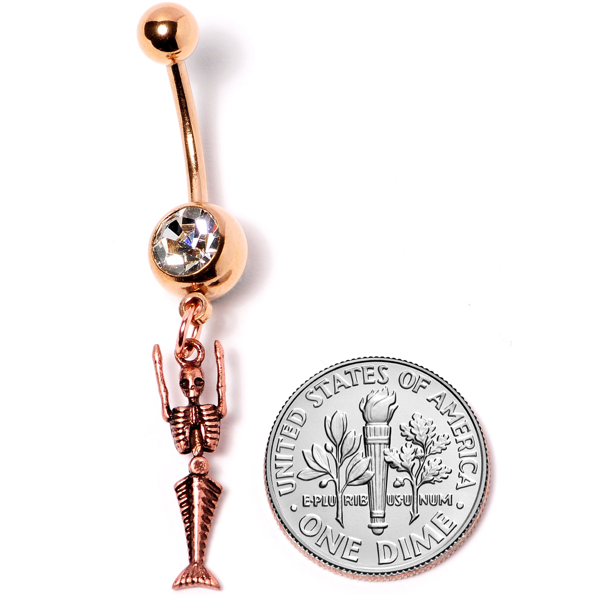 Clear Gem Rose Gold Tone Mermaid Skeleton Halloween Dangle Belly Ring