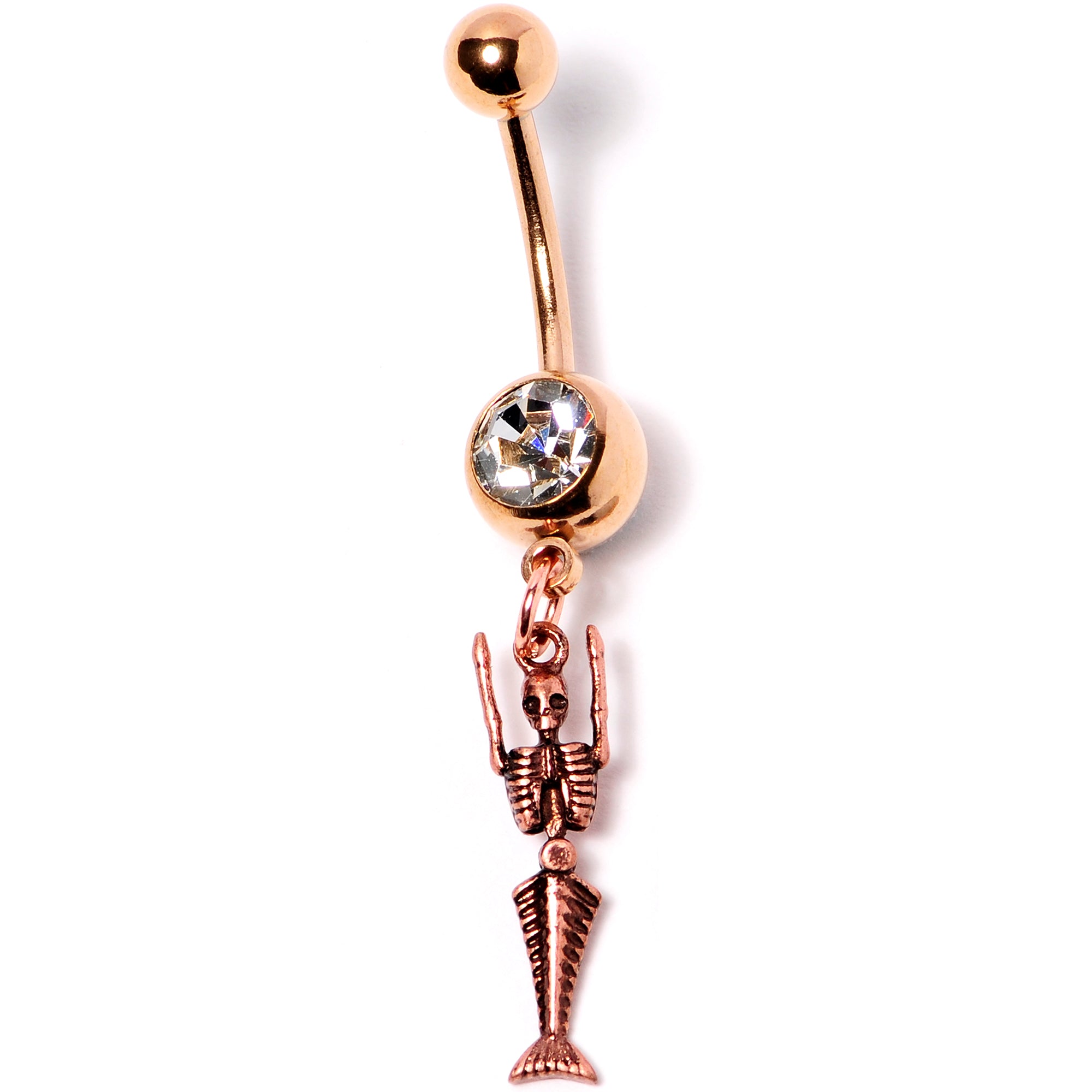 Clear Gem Rose Gold Tone Mermaid Skeleton Halloween Dangle Belly Ring