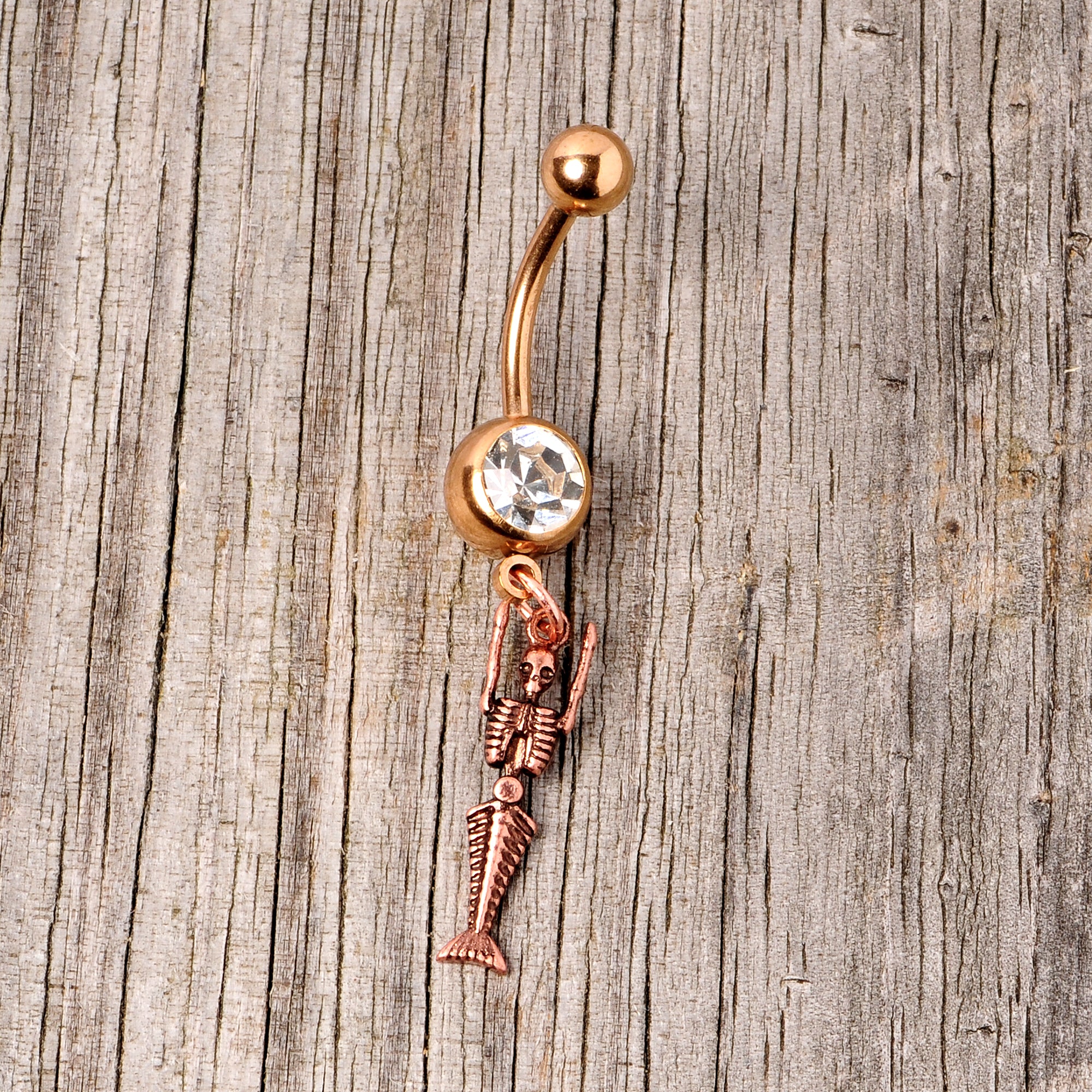 Clear Gem Rose Gold Tone Mermaid Skeleton Halloween Dangle Belly Ring