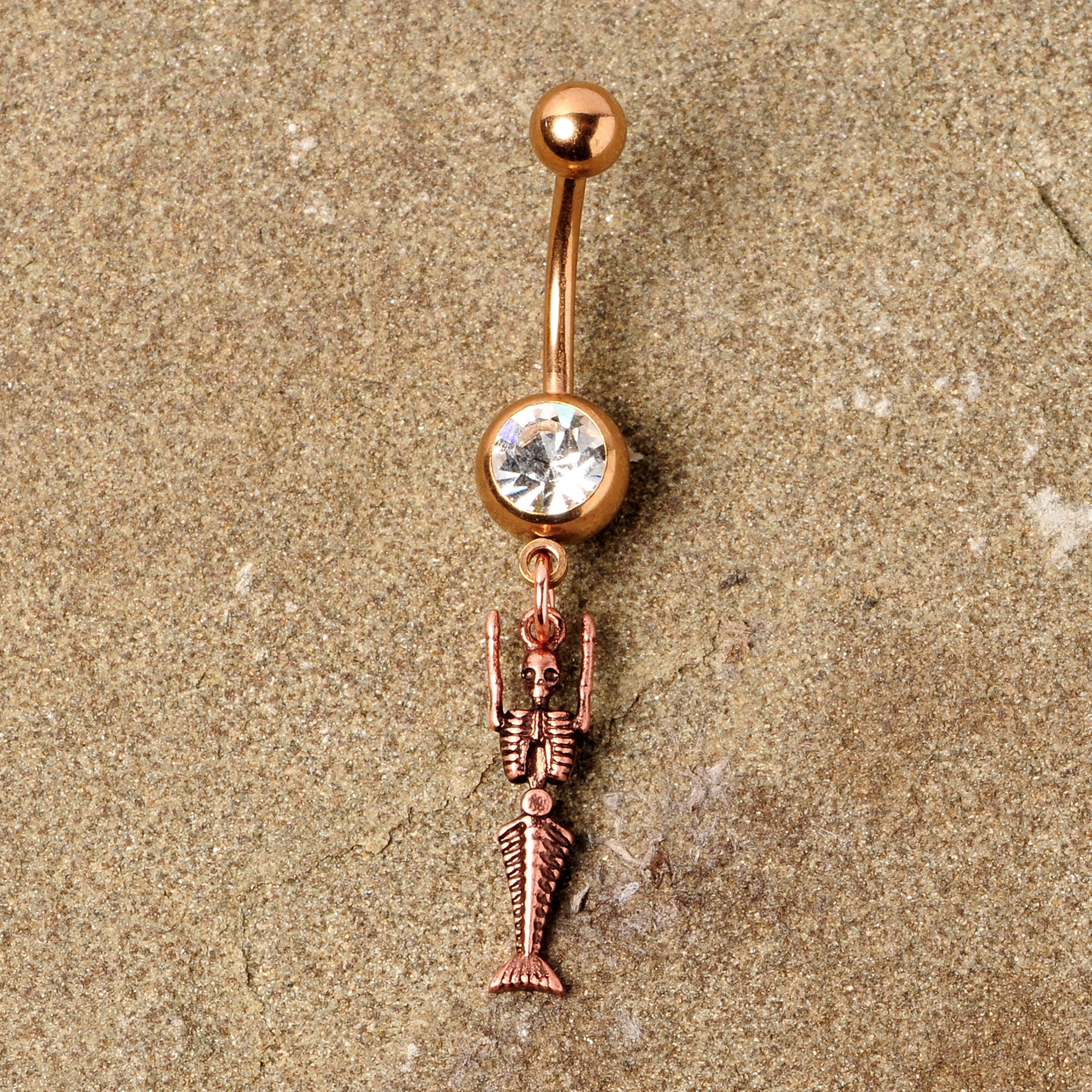 Clear Gem Rose Gold Tone Mermaid Skeleton Halloween Dangle Belly Ring