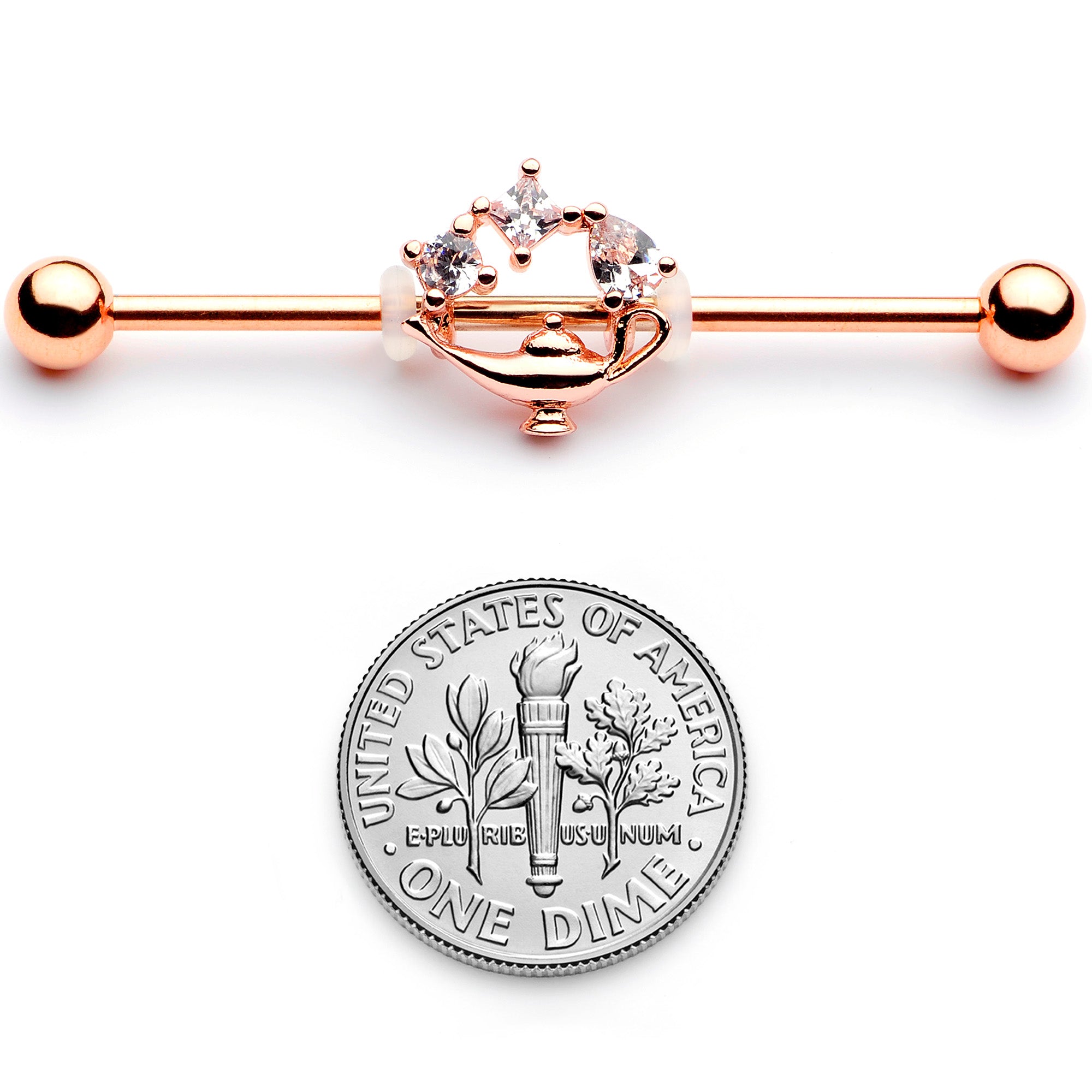 14 Gauge Clear CZ Gem Rose Gold Hue Genie Lamp Industrial Barbell 38mm