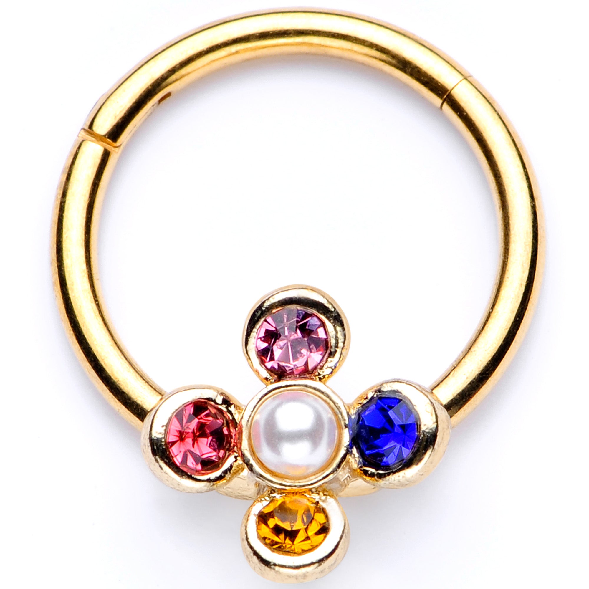 16 Gauge 3/8 Pink Blue Gem Gold Tone Hinged Segment Ring