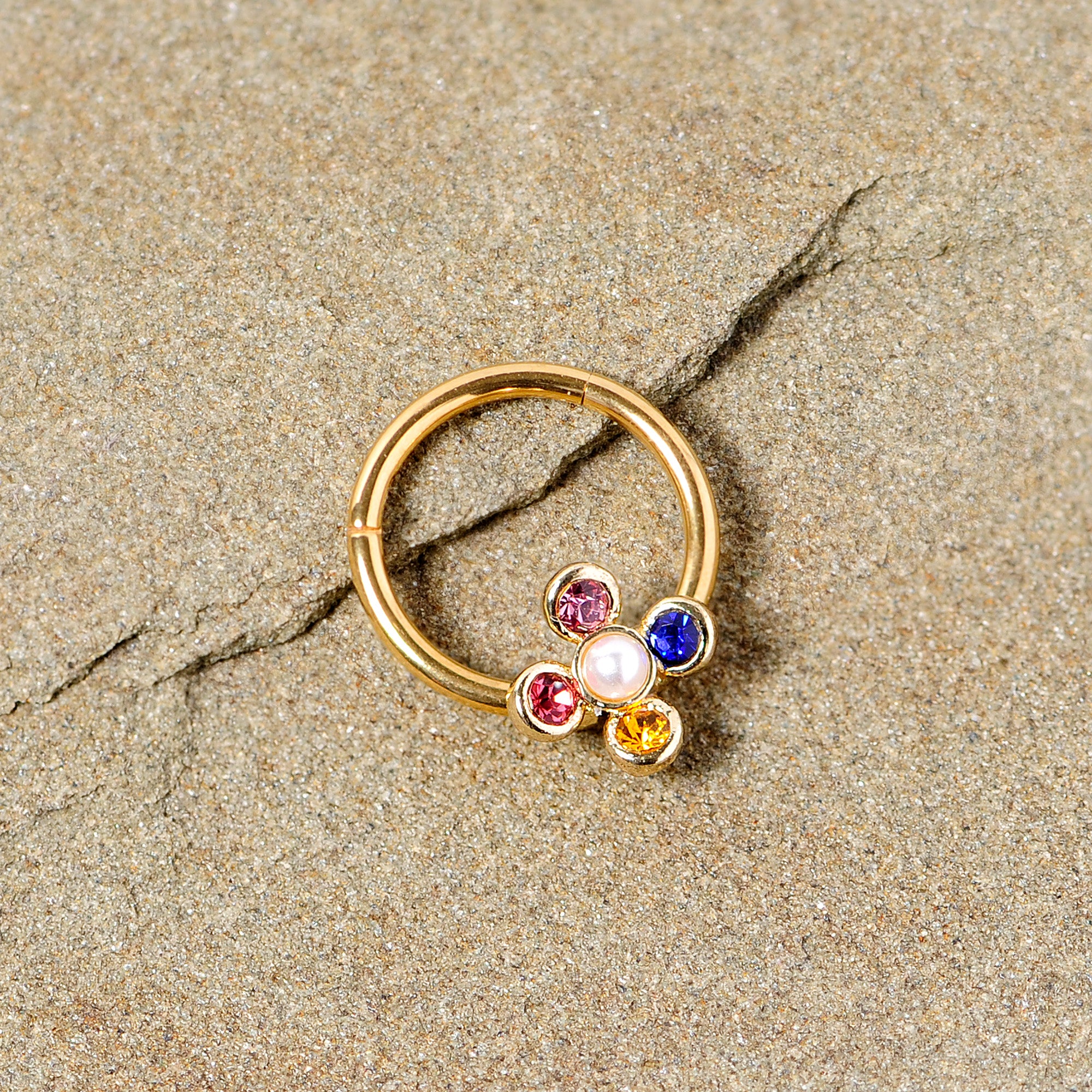 16 Gauge 3/8 Pink Blue Gem Gold Tone Hinged Segment Ring