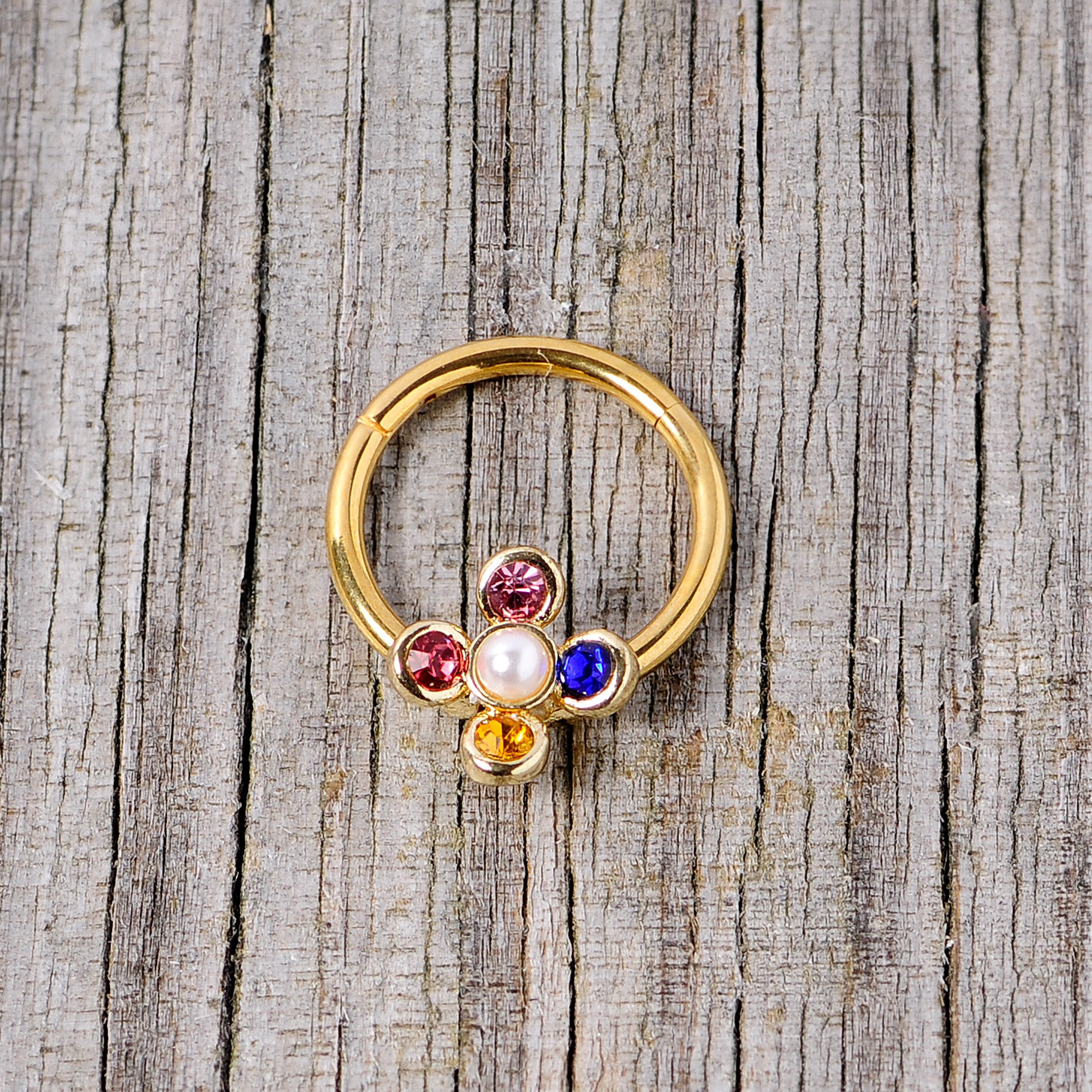 16 Gauge 3/8 Pink Blue Gem Gold Tone Hinged Segment Ring