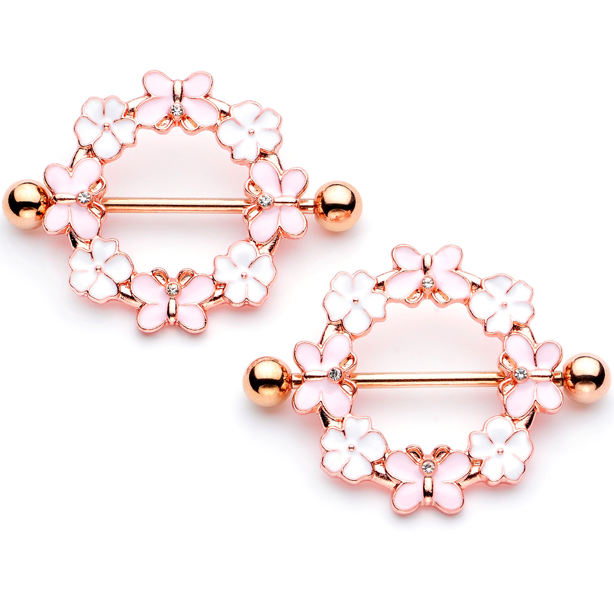 14 Gauge 9/16 Clear Gem Gold Tone Pink Butterfly Nipple Shield Set