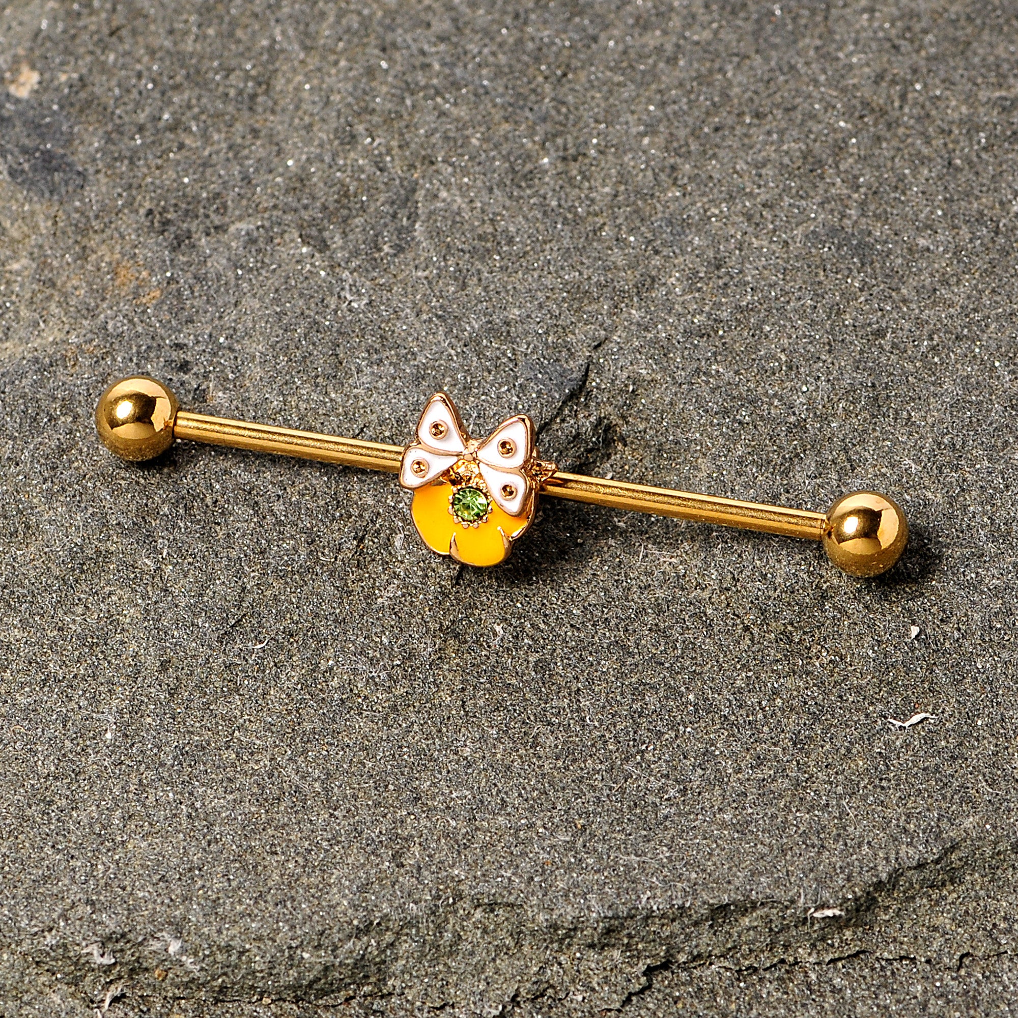 14 Gauge Green Gem Gold Tone Butterfly Flower Industrial Barbell 38mm