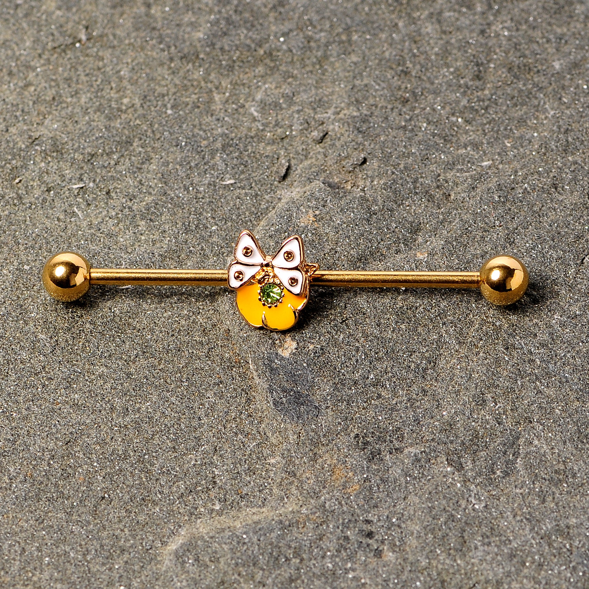 14 Gauge Green Gem Gold Tone Butterfly Flower Industrial Barbell 38mm