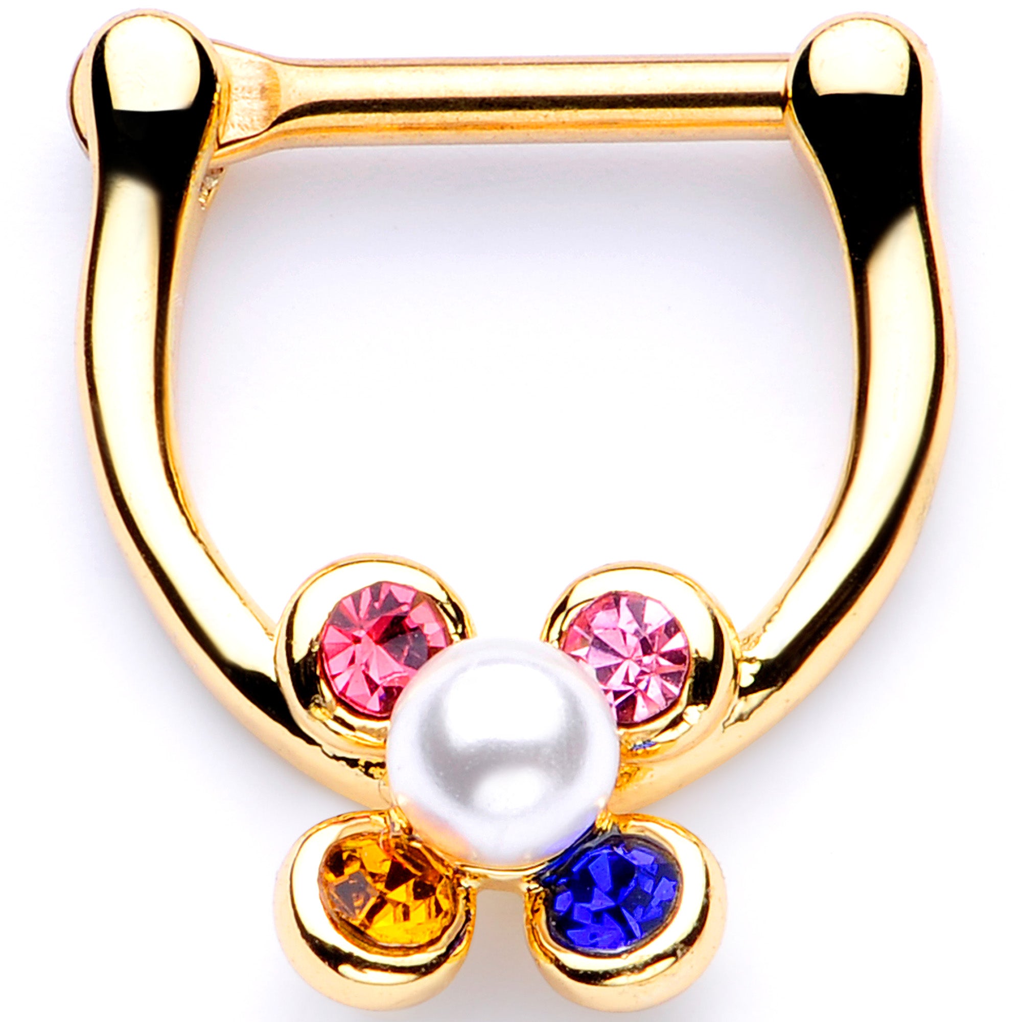 16 Gauge 1/4 Pink Blue Gem Gold Tone Cartilage Clicker