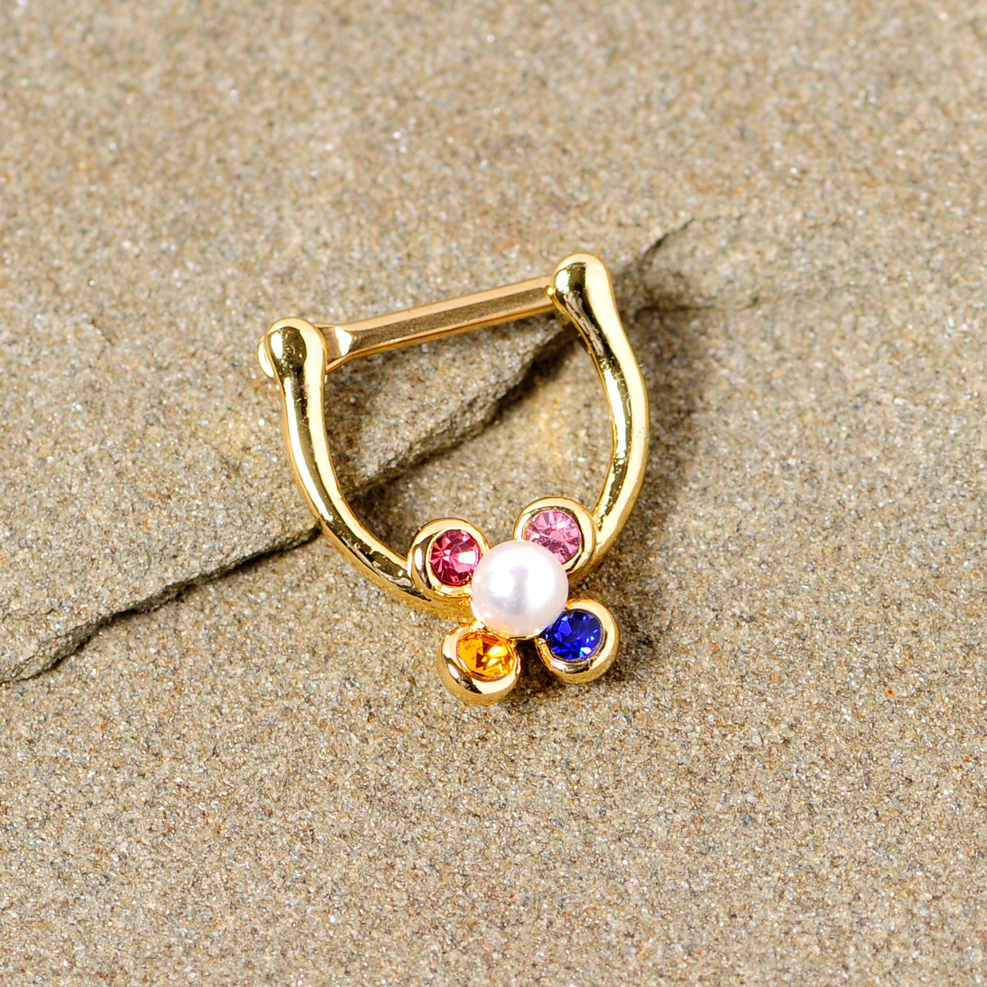 16 Gauge 1/4 Pink Blue Gem Gold Tone Cartilage Clicker