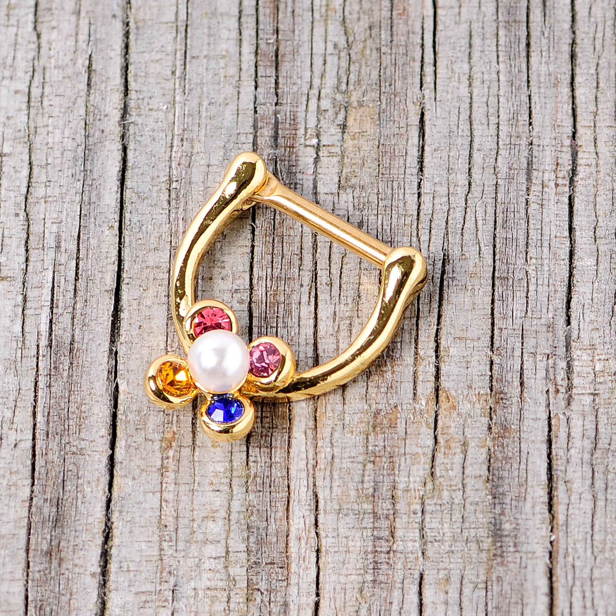 16 Gauge 1/4 Pink Blue Gem Gold Tone Cartilage Clicker